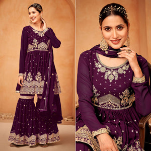 Purple Floral Sequin Embroidered Georgette Semi Stitched Suit