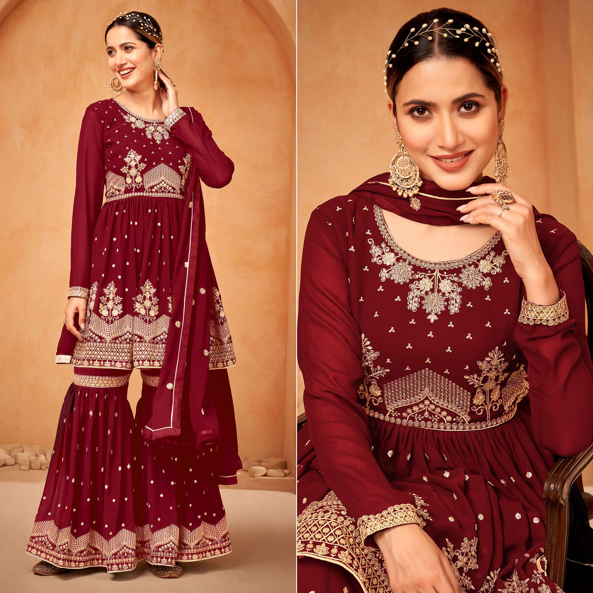 Red Floral Sequin Embroidered Georgette Semi Stitched Suit