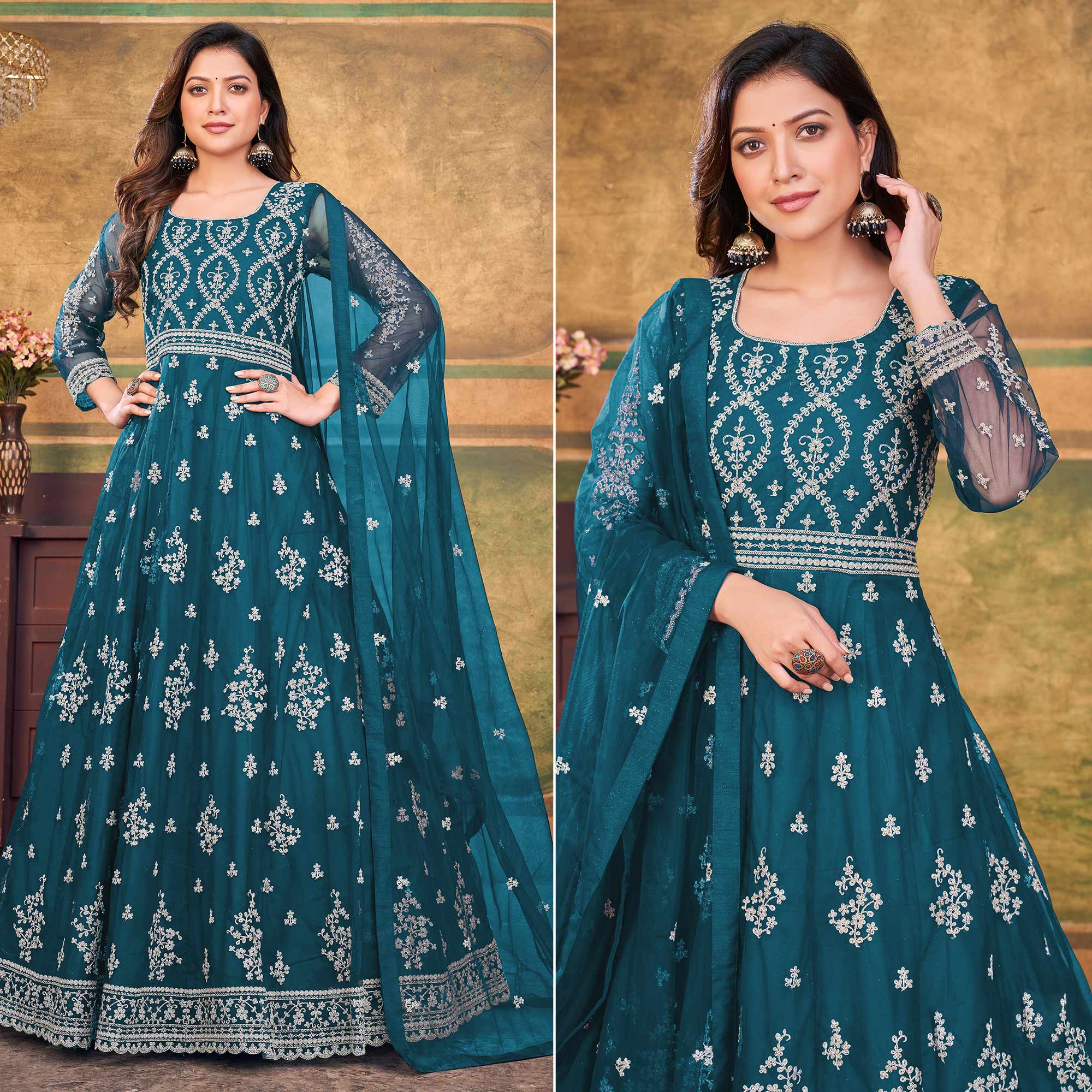 Rama Blue Embroidered Net Semi Stitched Anarkali Suit