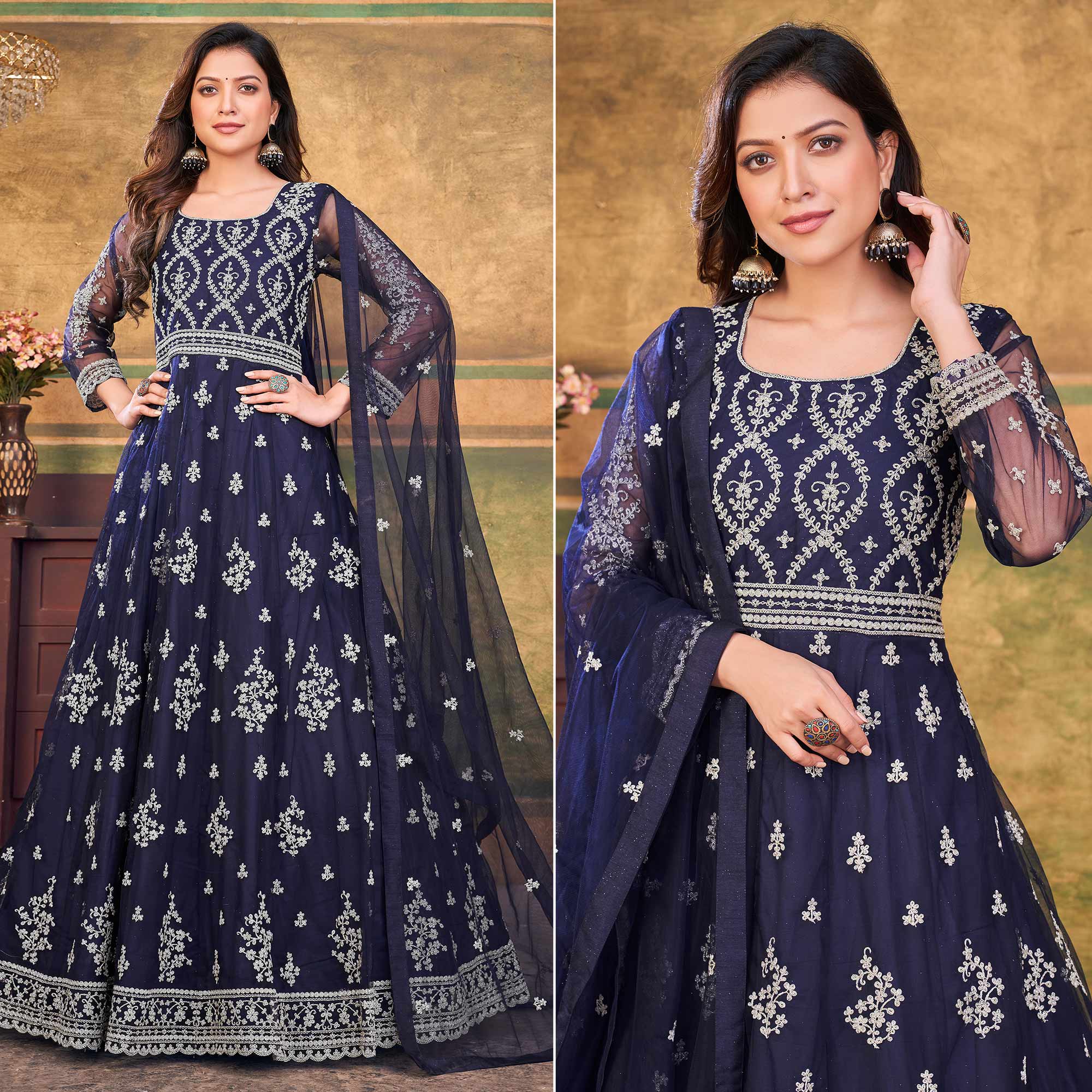 Blue Embroidered Net Semi Stitched Anarkali Suit