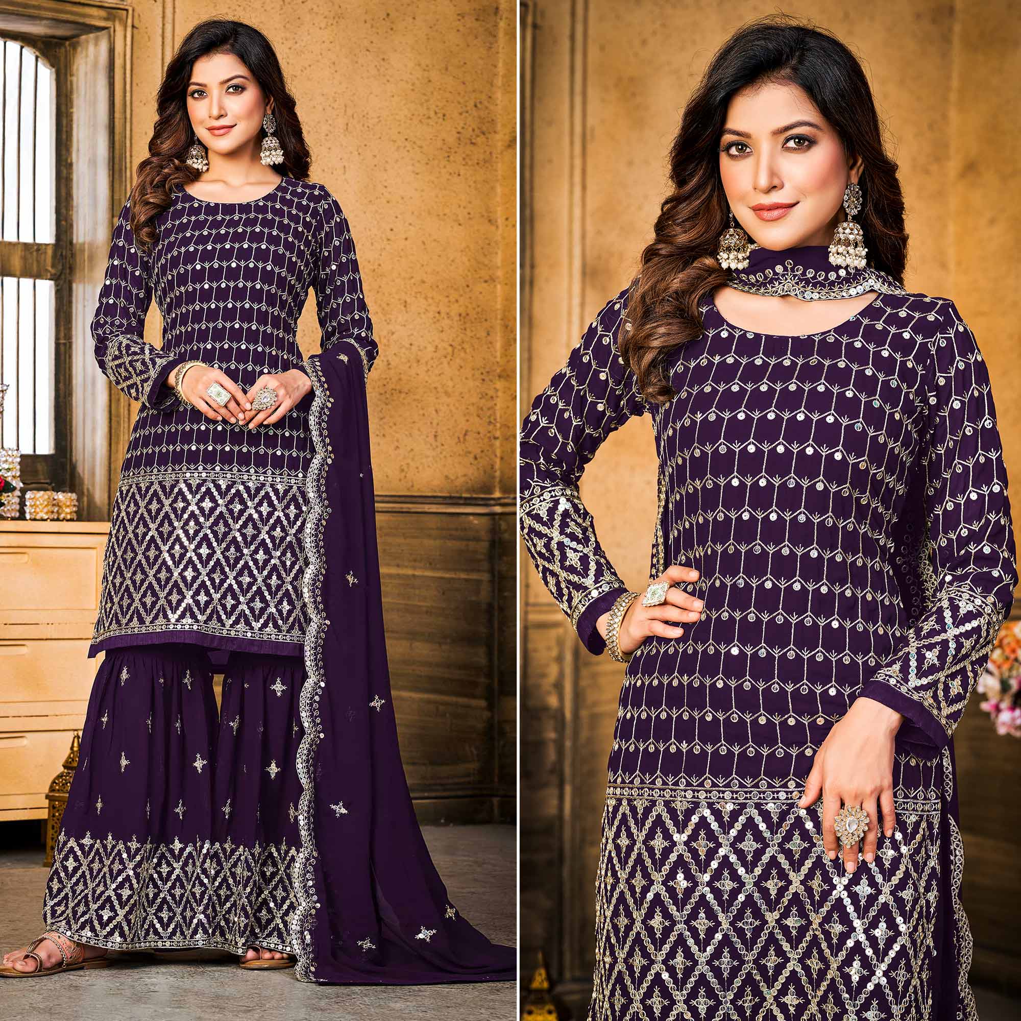 Purple Sequins Embroidered Georgette Semi Stitched Suit