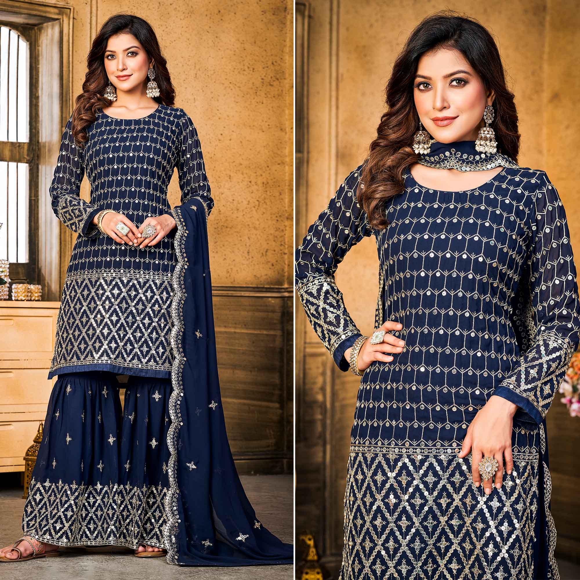 Blue Sequins Embroidered Georgette Semi Stitched Suit