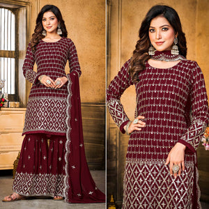 Maroon Sequins Embroidered Georgette Semi Stitched Suit