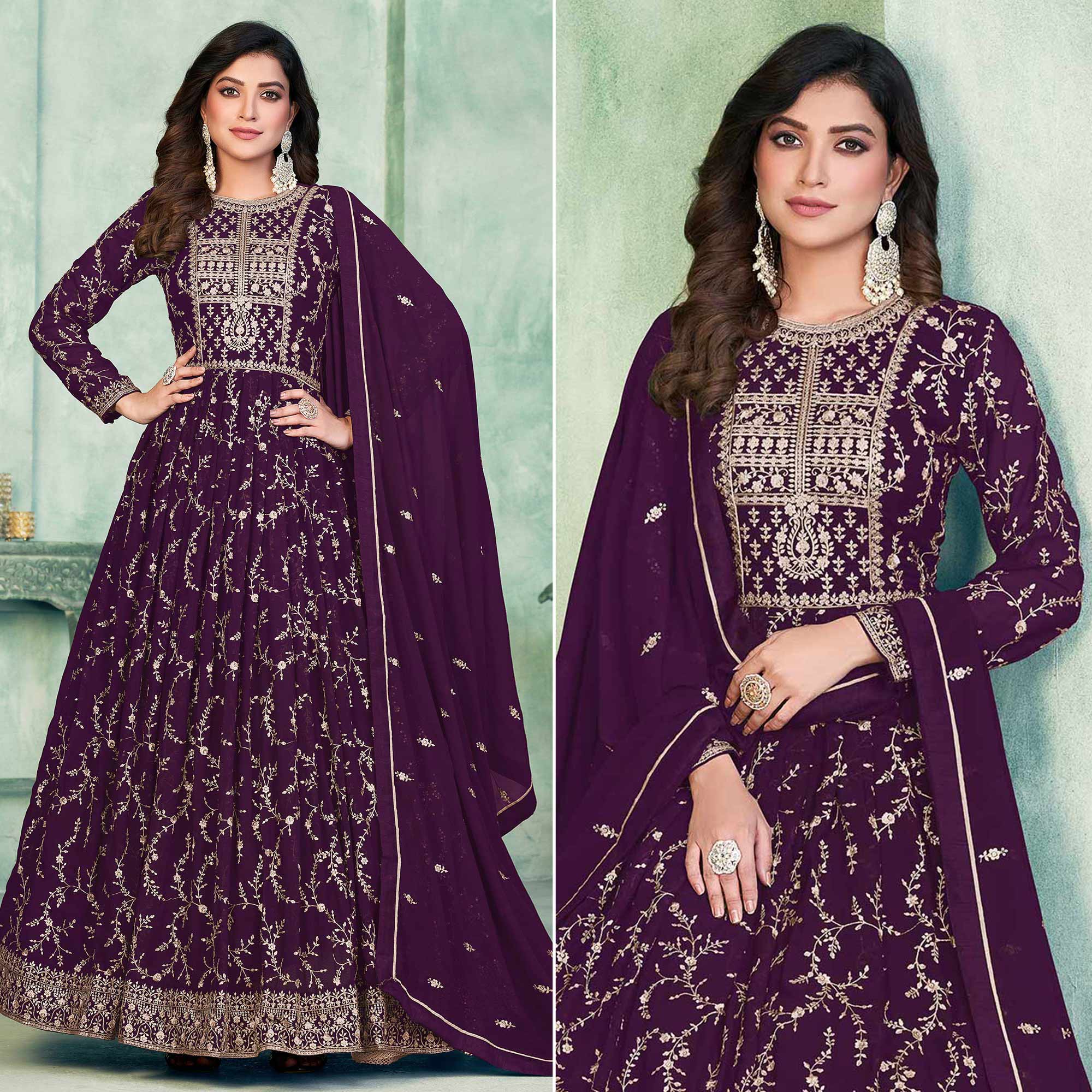 Purple Embroidered Georgette Semi Stitched Anarkali Suit