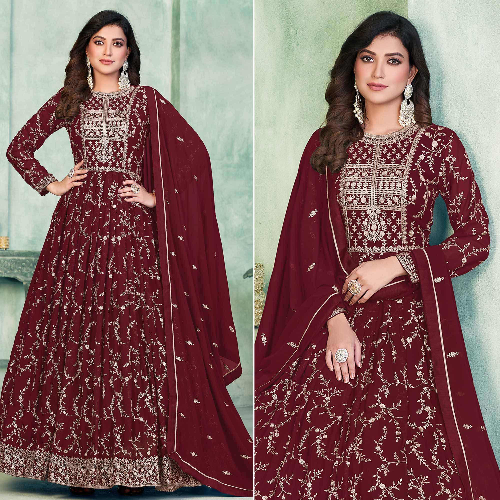 Maroon Embroidered Georgette Semi Stitched Anarkali Suit