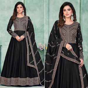 Black Embroidered Art Silk Semi Stitched Anarkali Suit