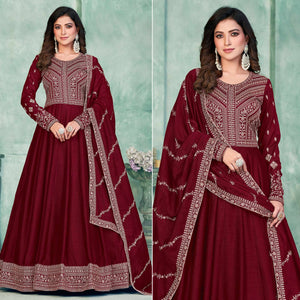 Maroon Embroidered Art Silk Semi Stitched Anarkali Suit