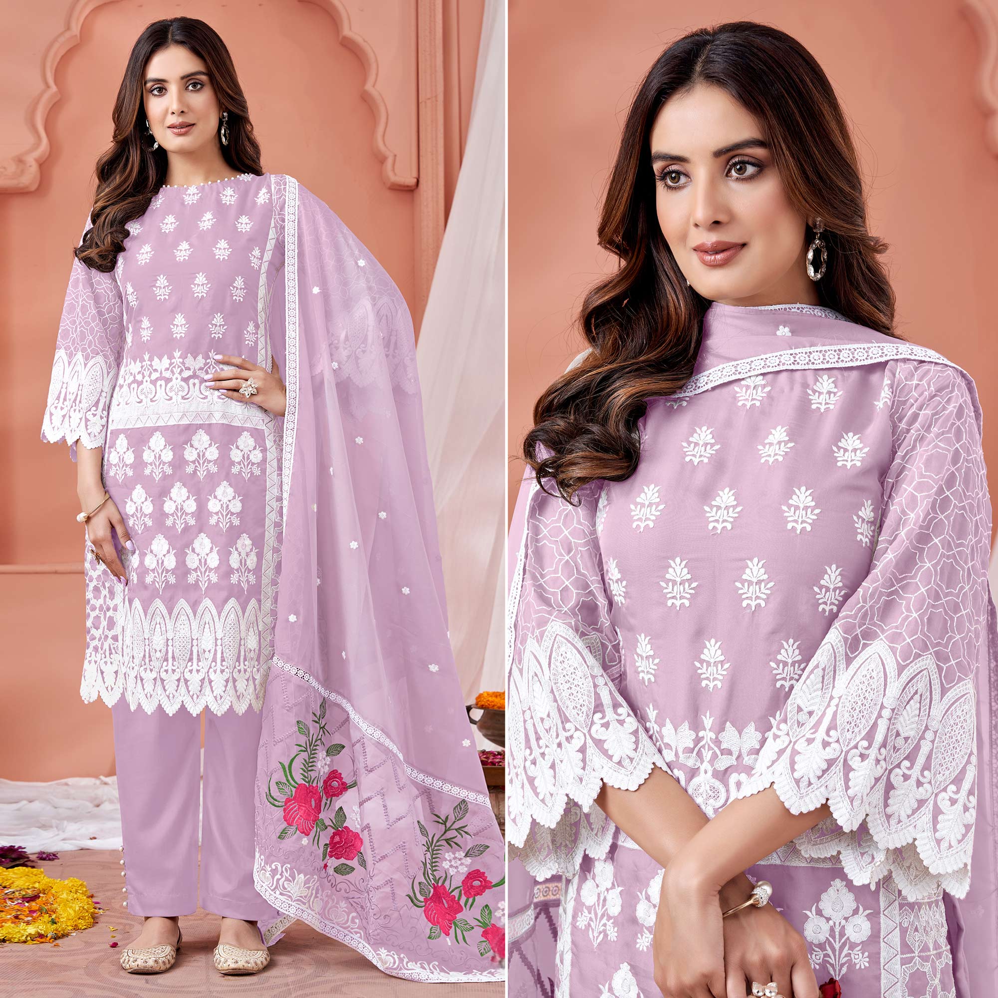 Mauve Floral Embroidered Organza Semi Stitched Suit