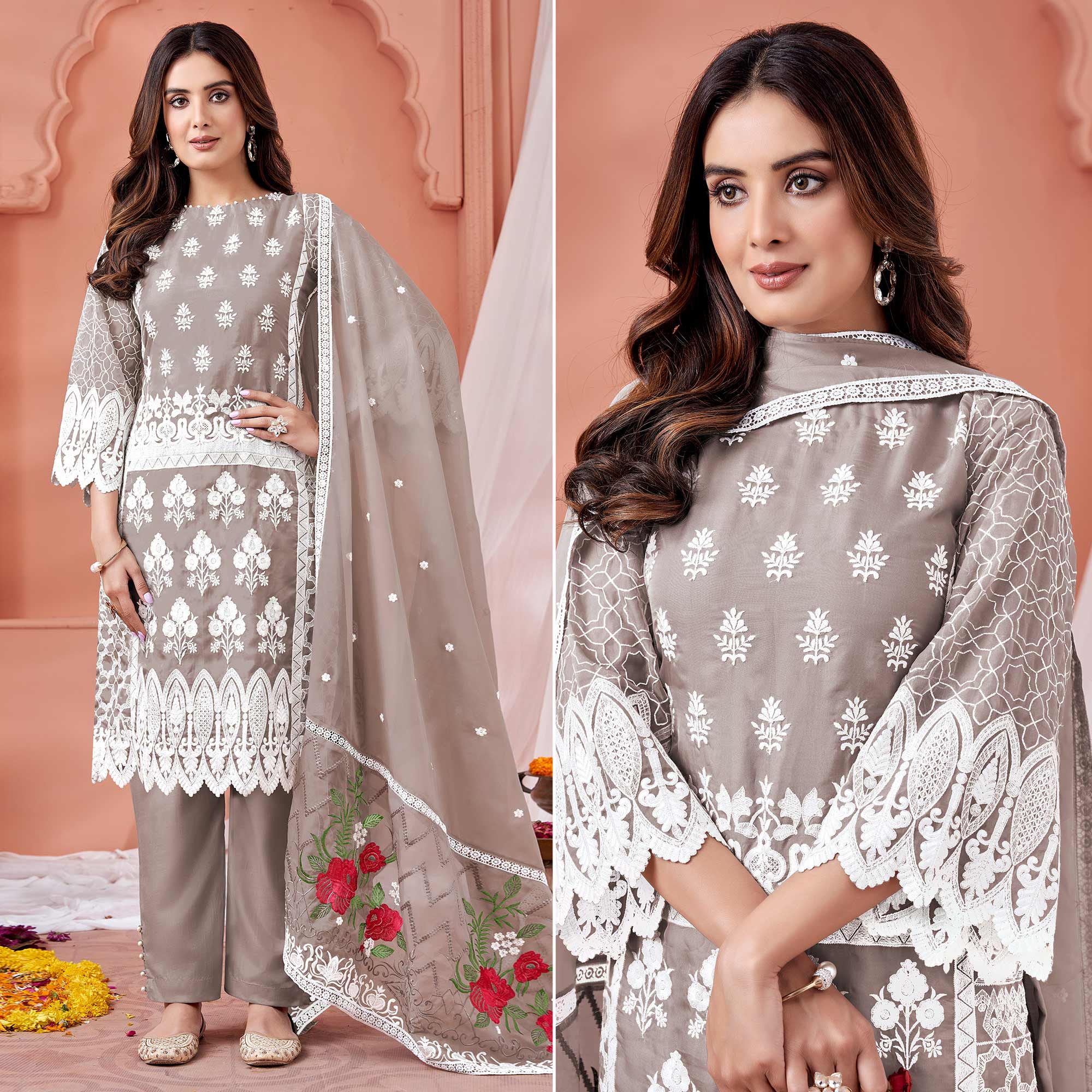 Grey Floral Embroidered Organza Semi Stitched Suit