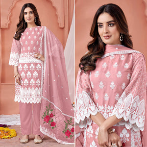 Peach Floral Embroidered Organza Semi Stitched Suit