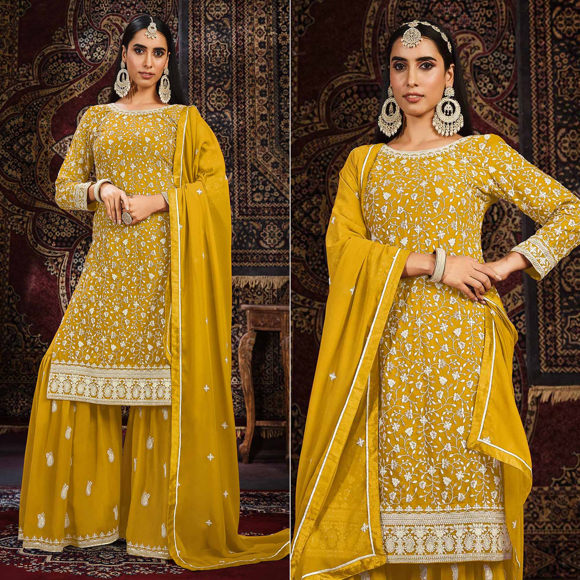 Mustard Floral Embroidered Georgette Unstitched Suit