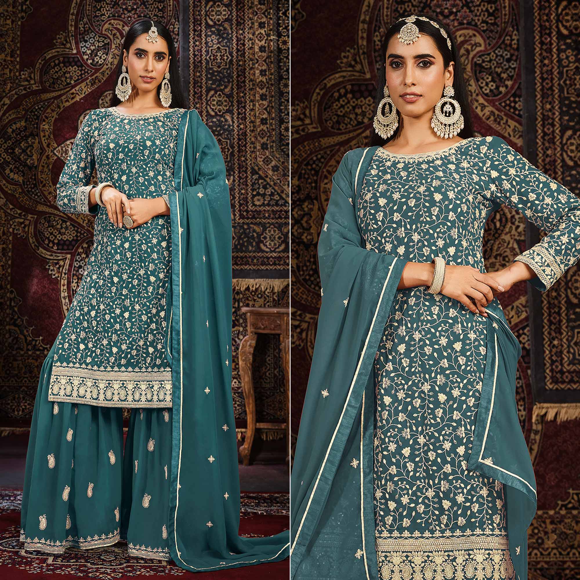 Teal Floral Embroidered Georgette Unstitched Suit
