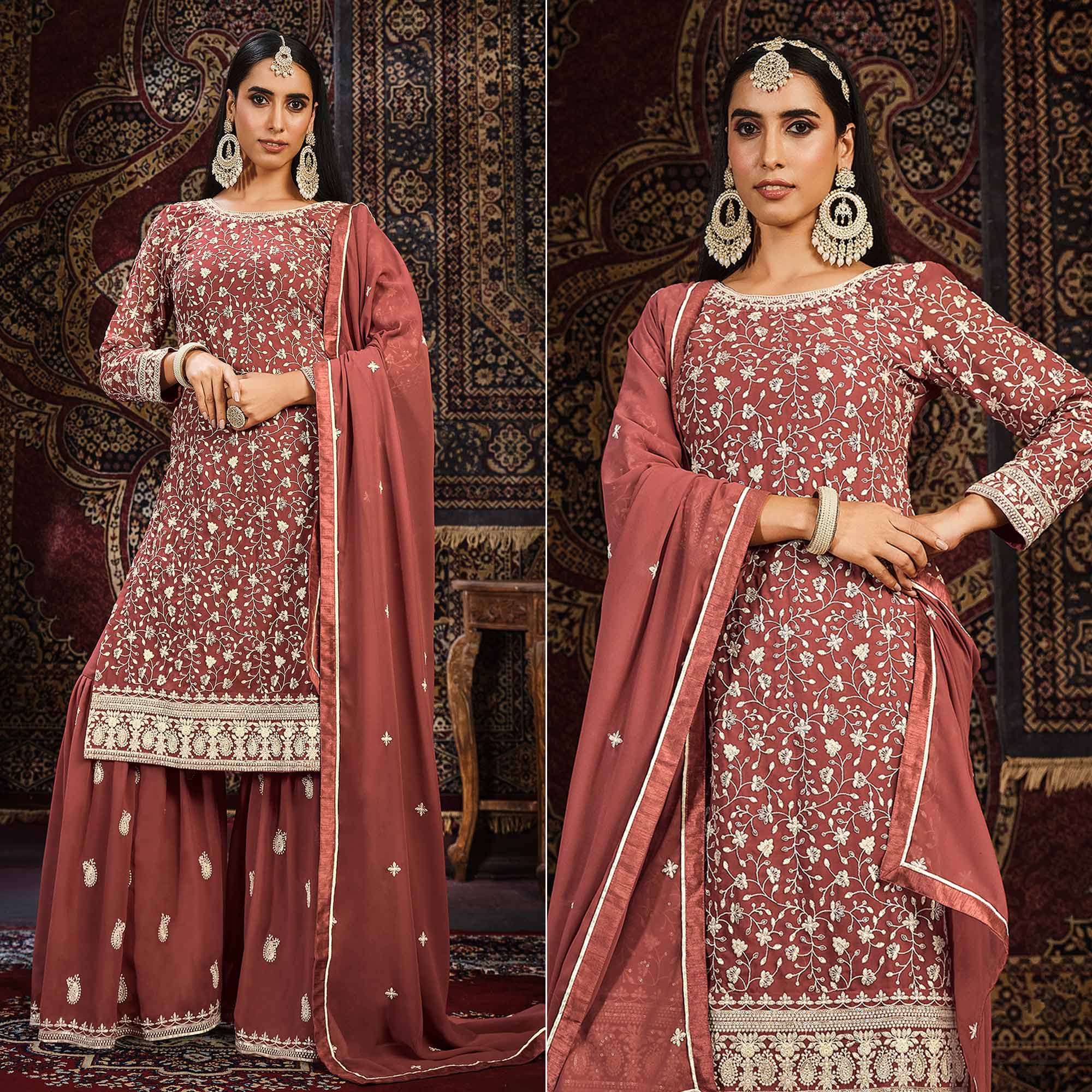 Rust Floral Embroidered Georgette Unstitched Suit