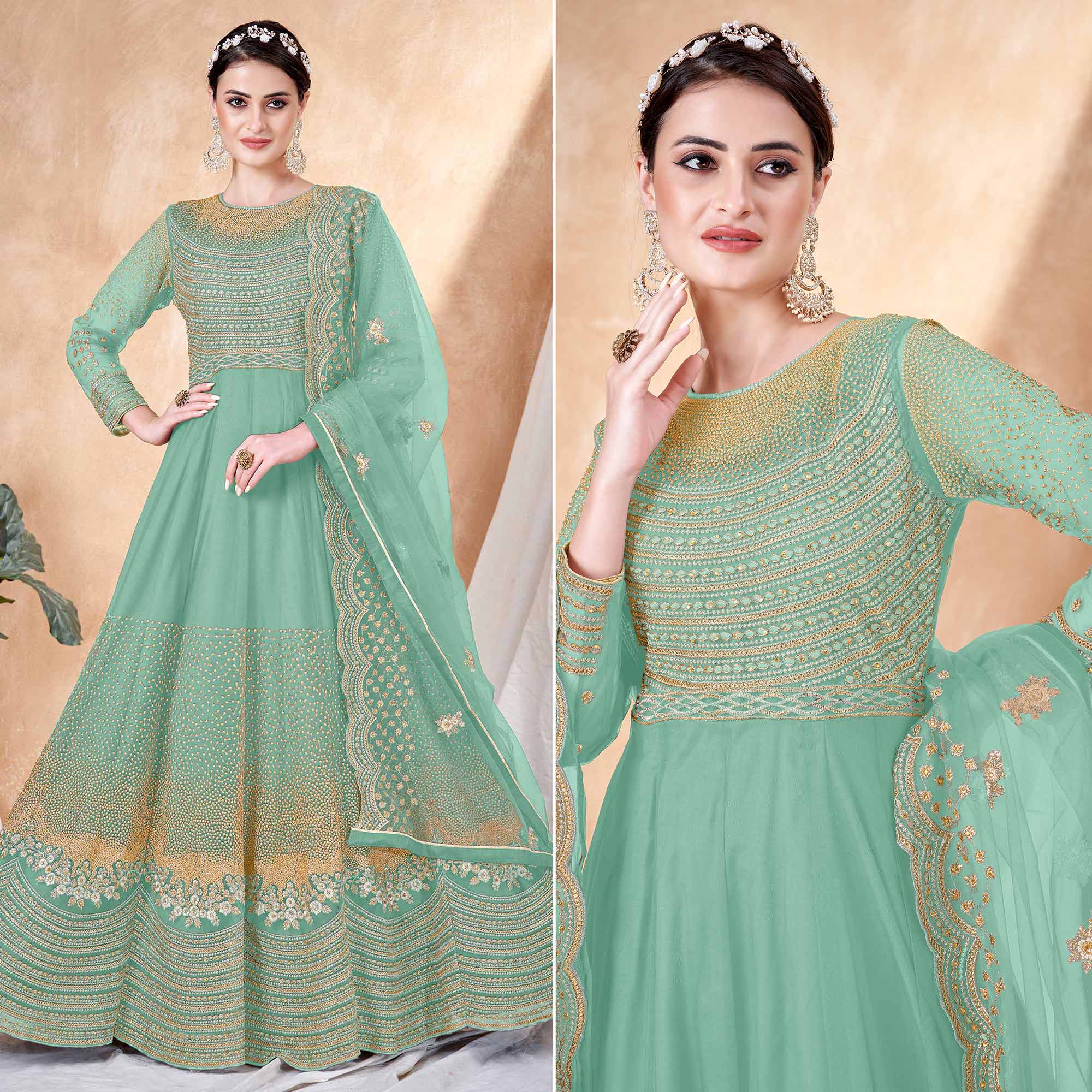 Turquoise Floral Embroidered Net Semi Stitched Anarkali Suit