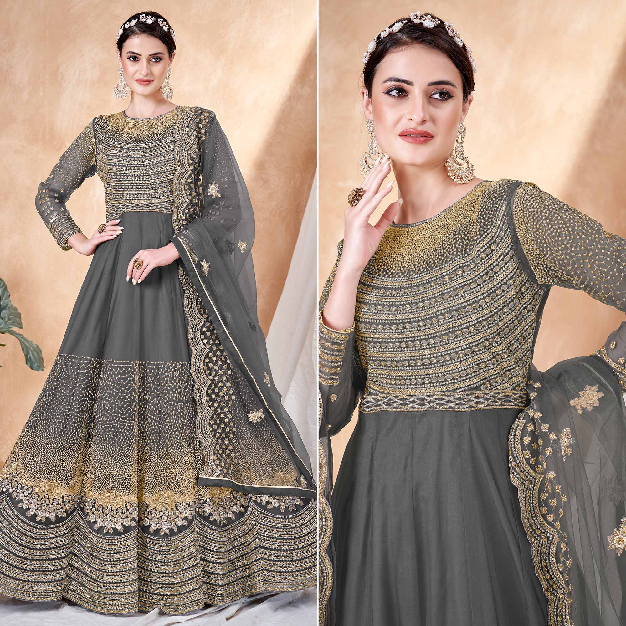 Grey Floral Embroidered Net Semi Stitched Anarkali Suit