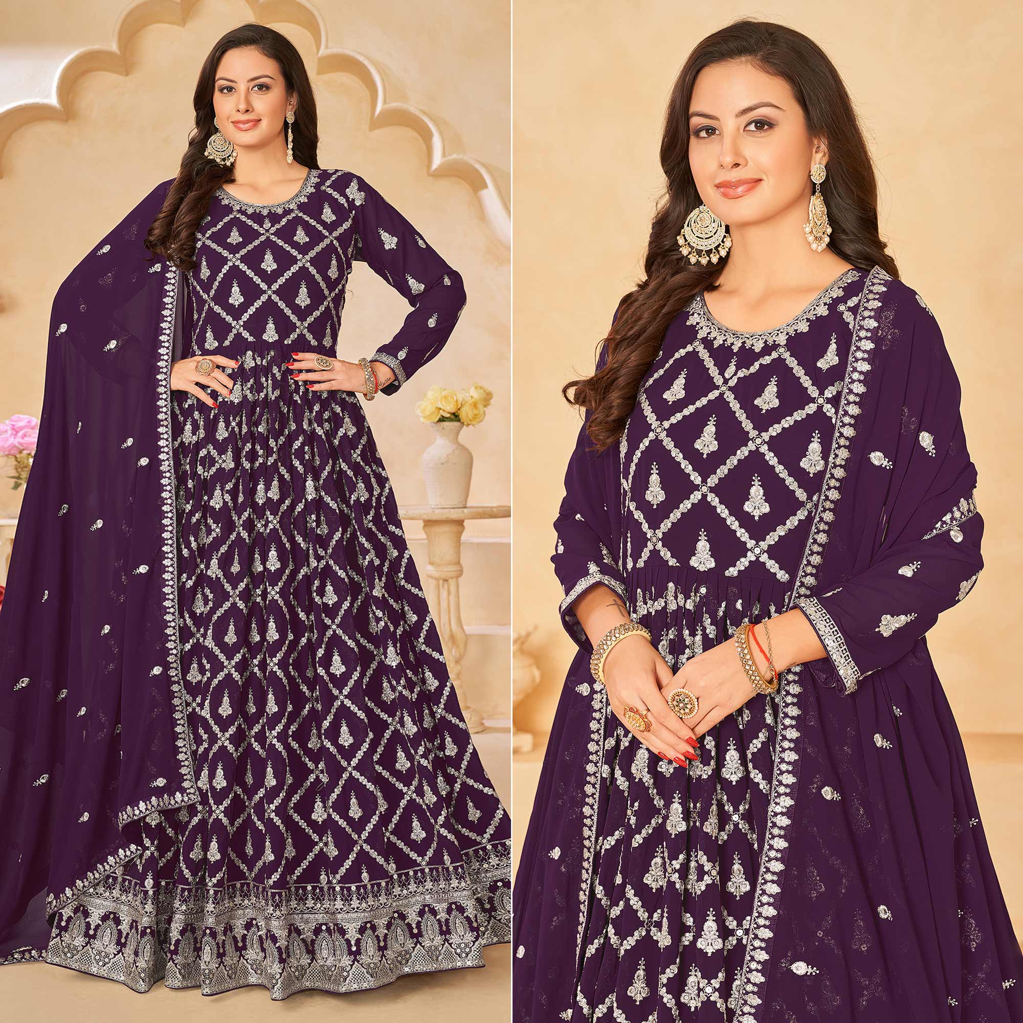 Purple Floral Embroidered Georgette Semi Stitched Anarkali Suit