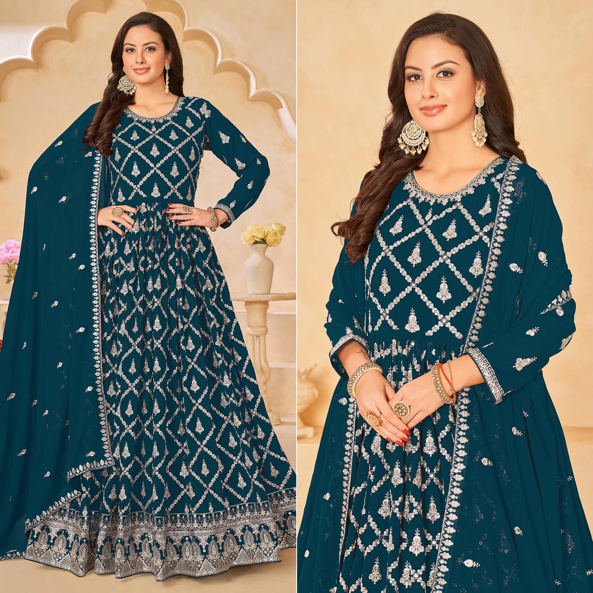 Morpich Floral Embroidered Georgette Semi Stitched Anarkali Suit