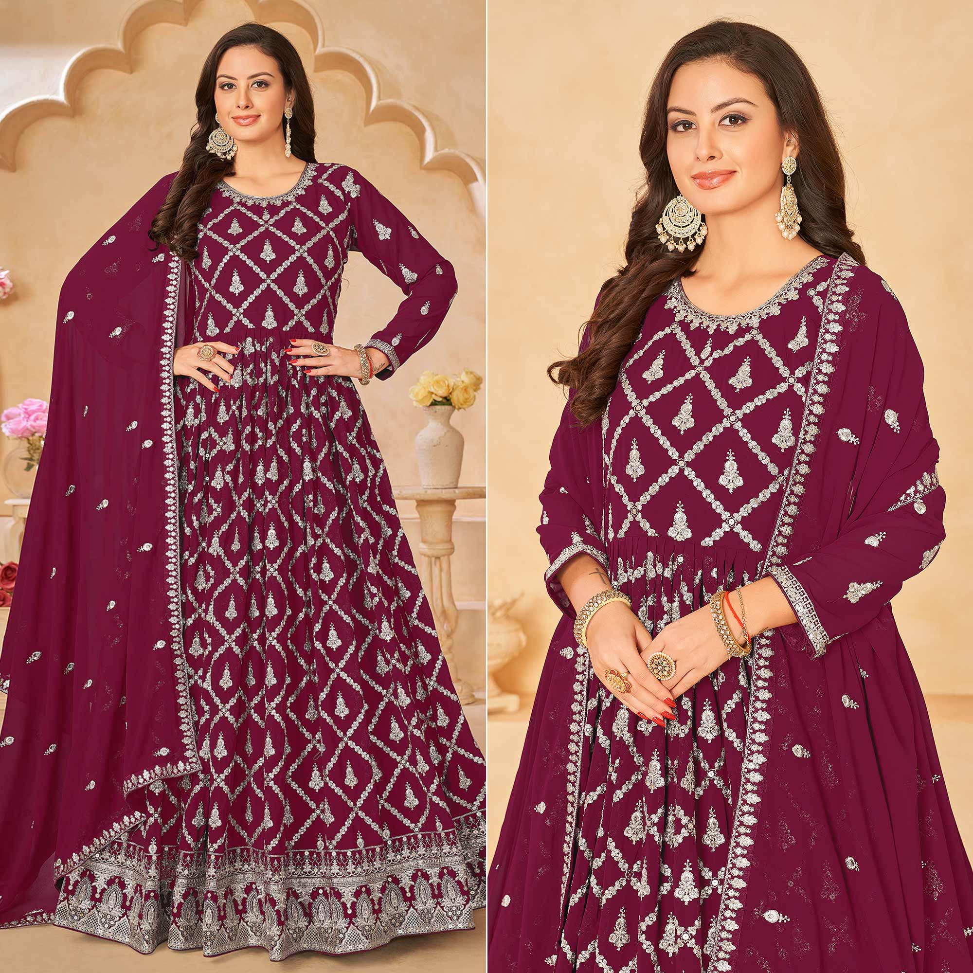 Dark Magenta Floral Embroidered Georgette Semi Stitched Anarkali Suit