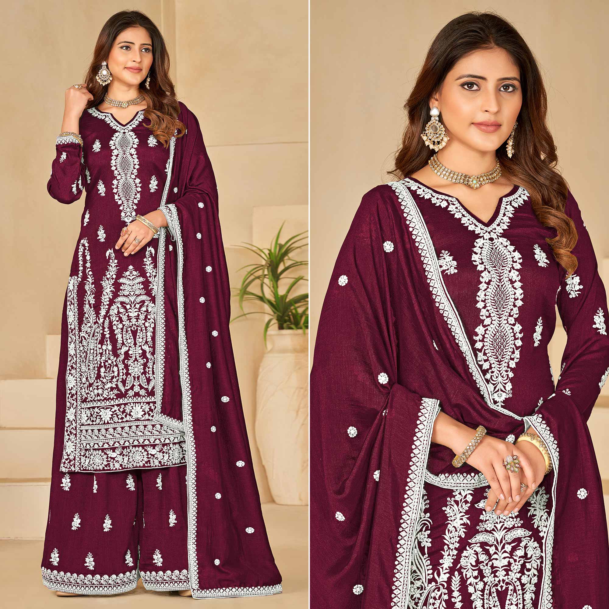 Wine Floral Embroidered Art Silk Semi Stitched Palazzo Suit