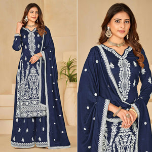 Blue Floral Embroidered Art Silk Semi Stitched Palazzo Suit