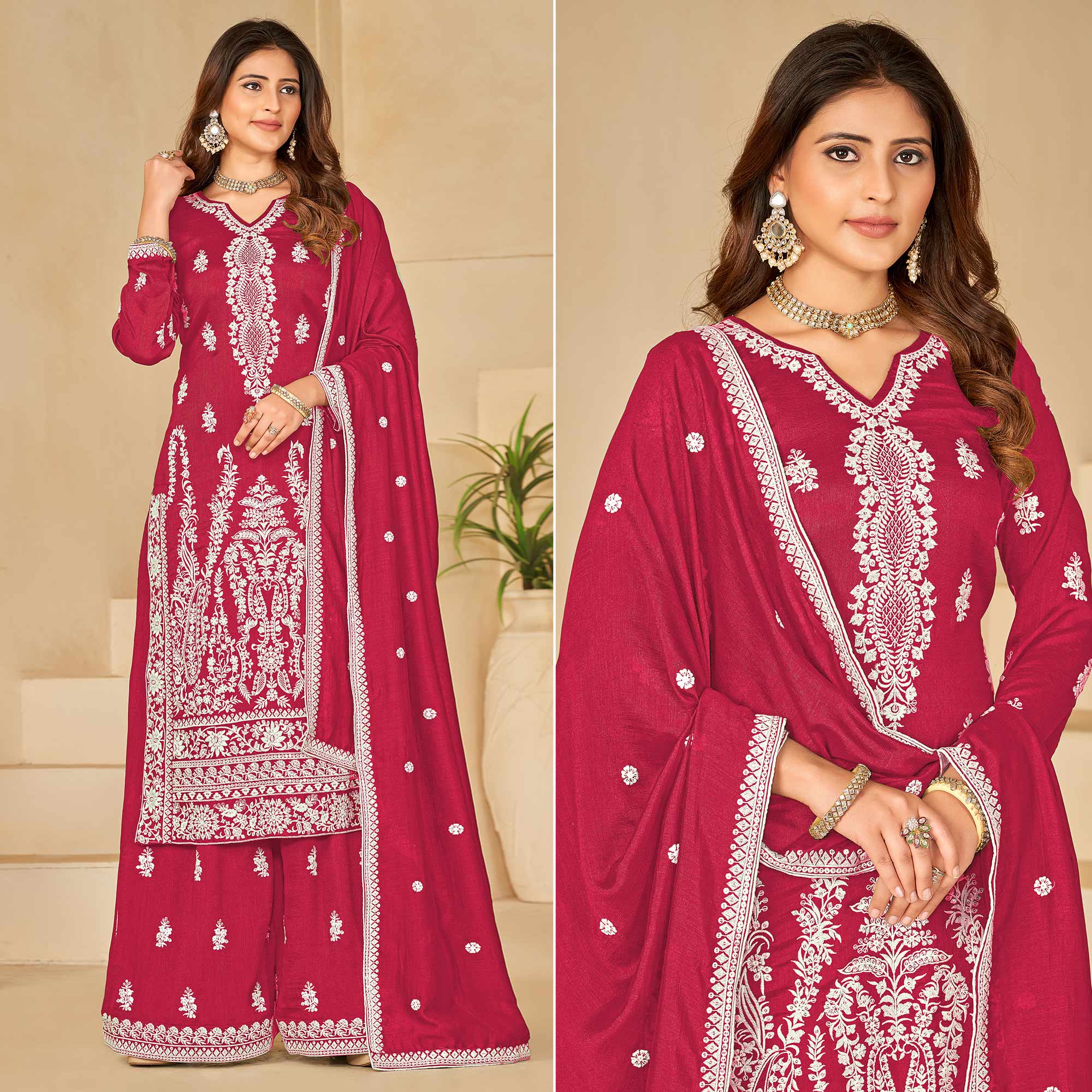 Pink Floral Embroidered Art Silk Semi Stitched Palazzo Suit
