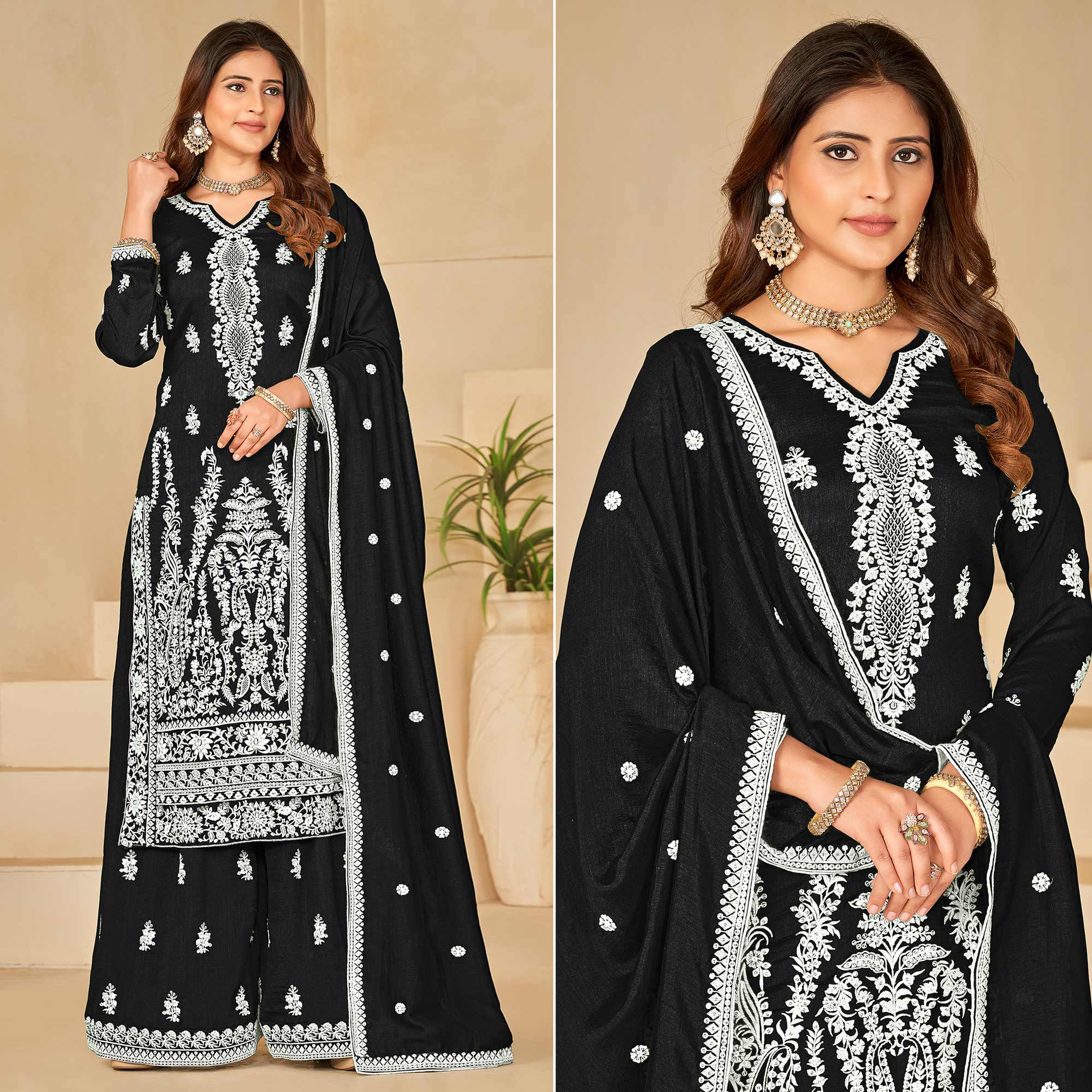 Black Floral Embroidered Art Silk Semi Stitched Palazzo Suit