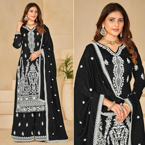 Black Floral Embroidered Art Silk Semi Stitched Palazzo Suit