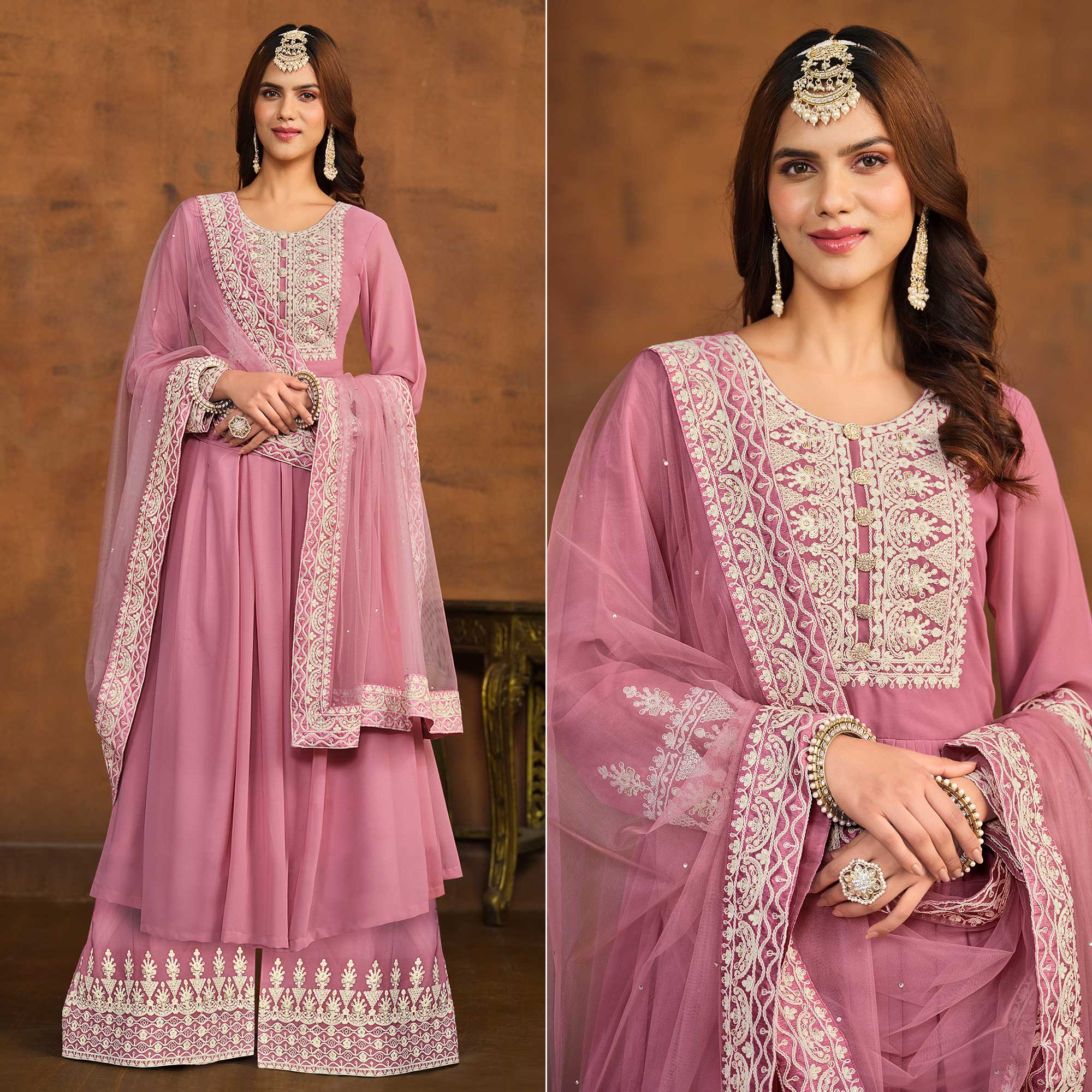 Pink Floral Embroidered Georgette Semi Stitched Palazzo Suit