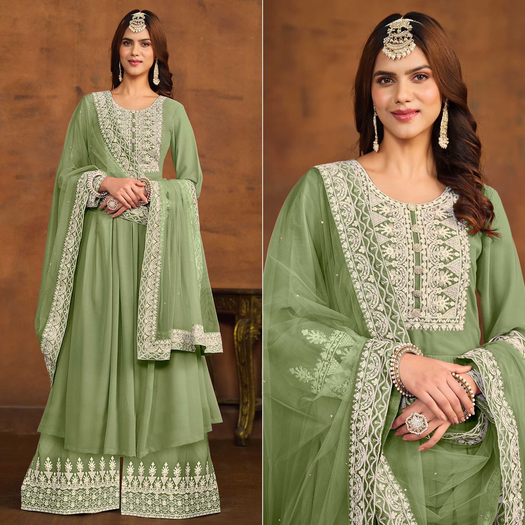 Pista Green Floral Embroidered Georgette Semi Stitched Palazzo Suit