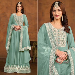 Blue Floral Embroidered Georgette Semi Stitched Palazzo Suit