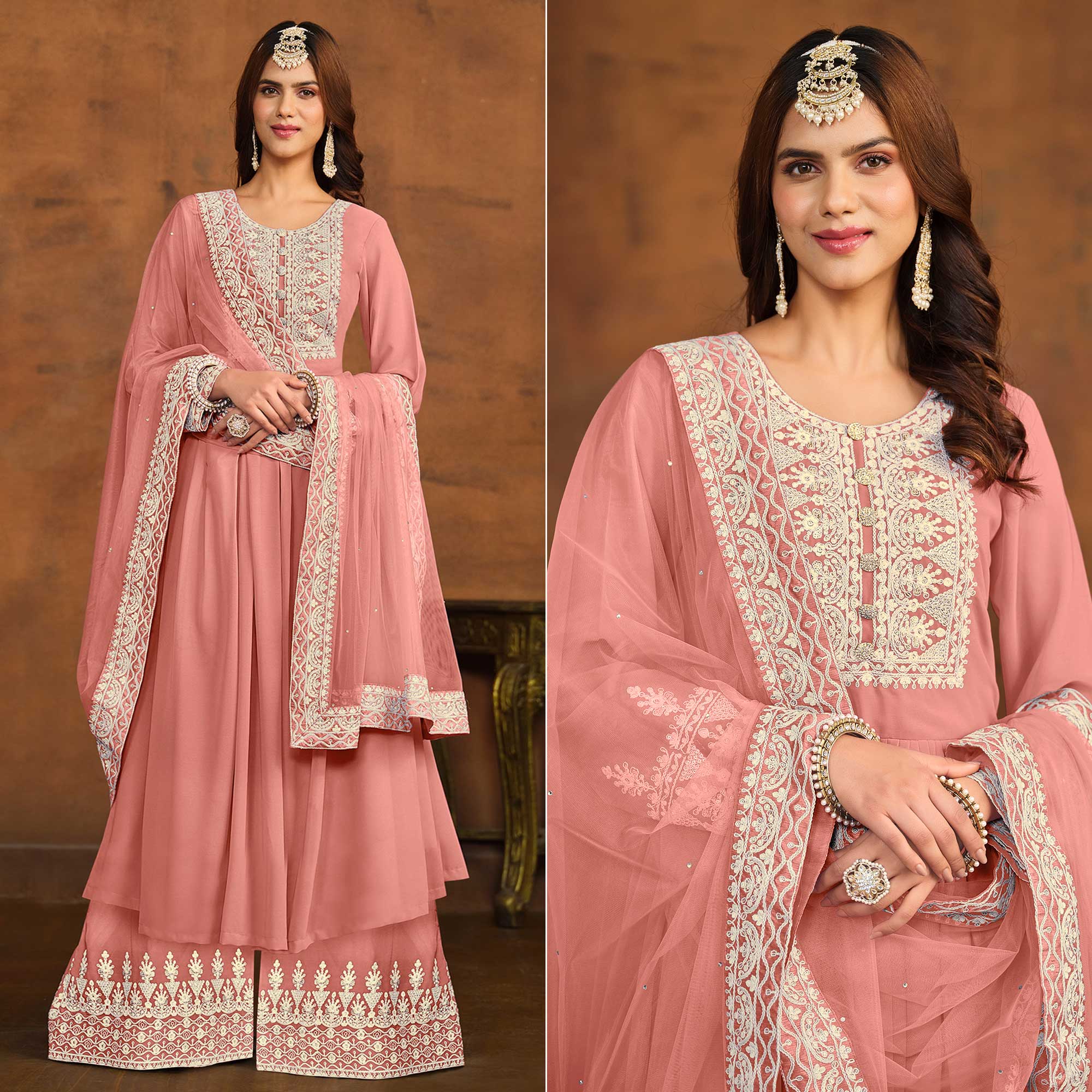 Peach Floral Embroidered Georgette Semi Stitched Palazzo Suit