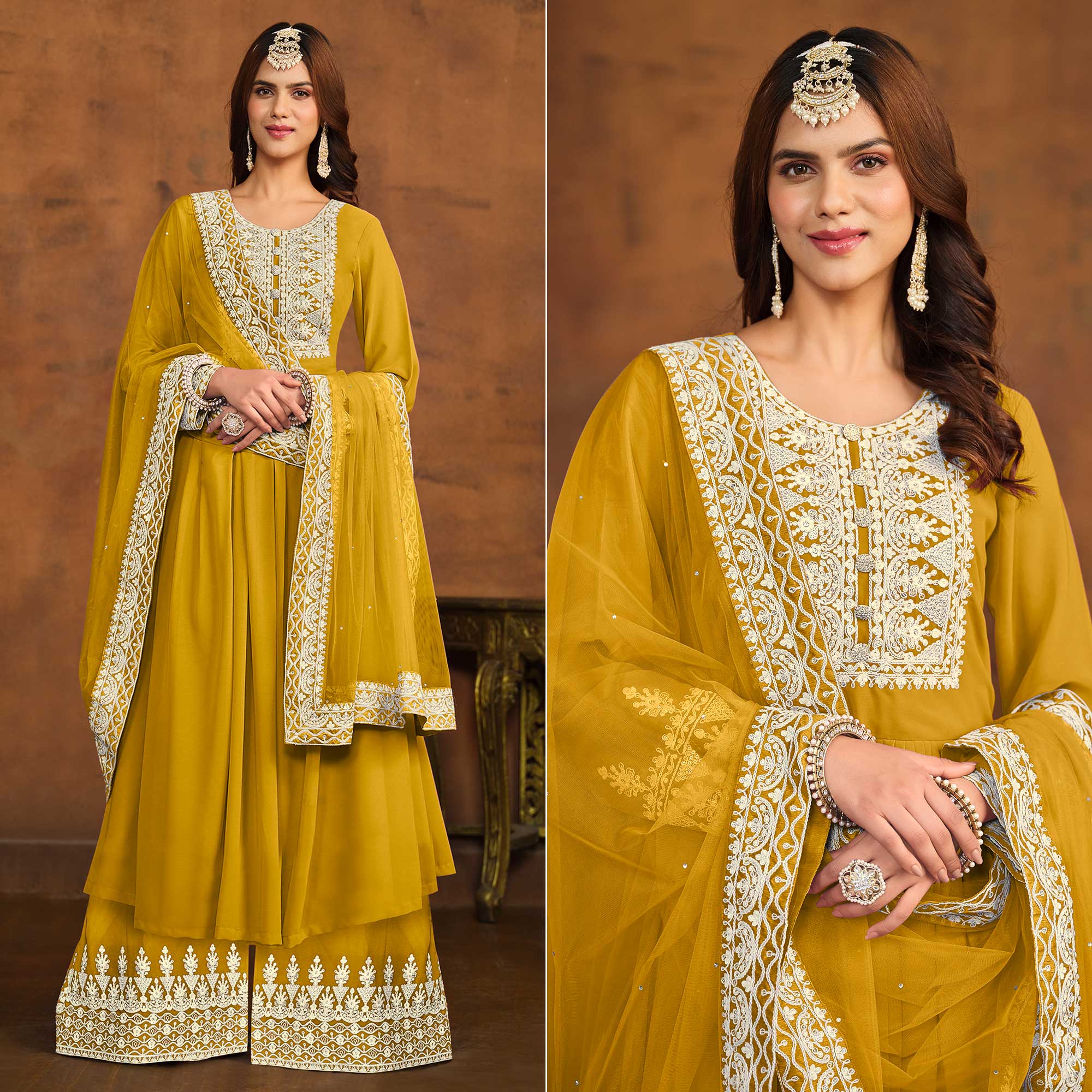 Mustard Floral Embroidered Georgette Semi Stitched Palazzo Suit