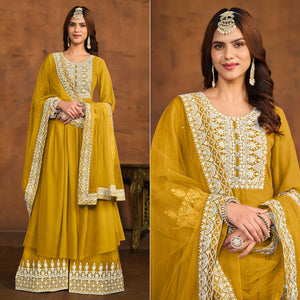 Mustard Floral Embroidered Georgette Semi Stitched Palazzo Suit