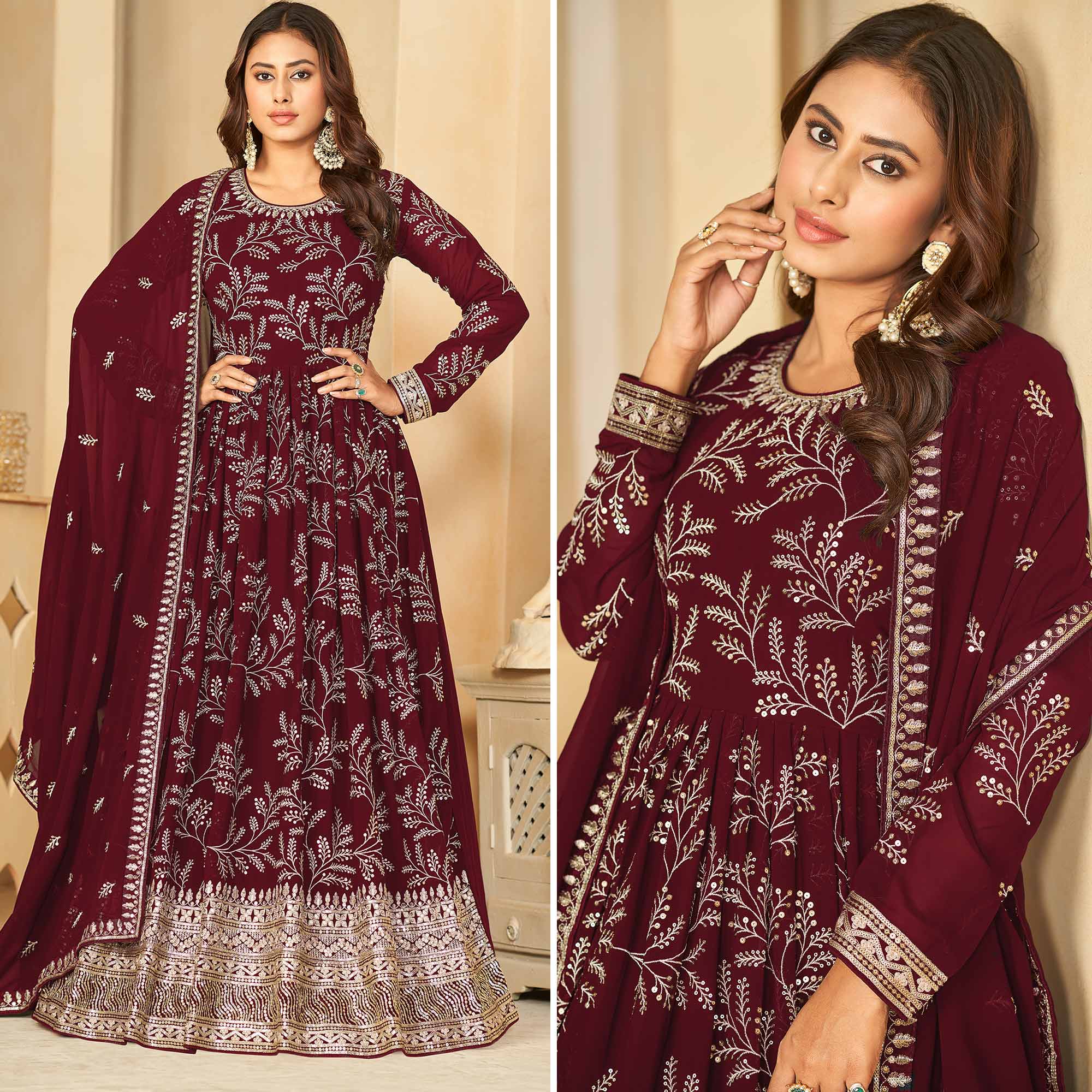 Maroon Sequins Embroidered Georgette Anarkali Style Semi Stitched Gown