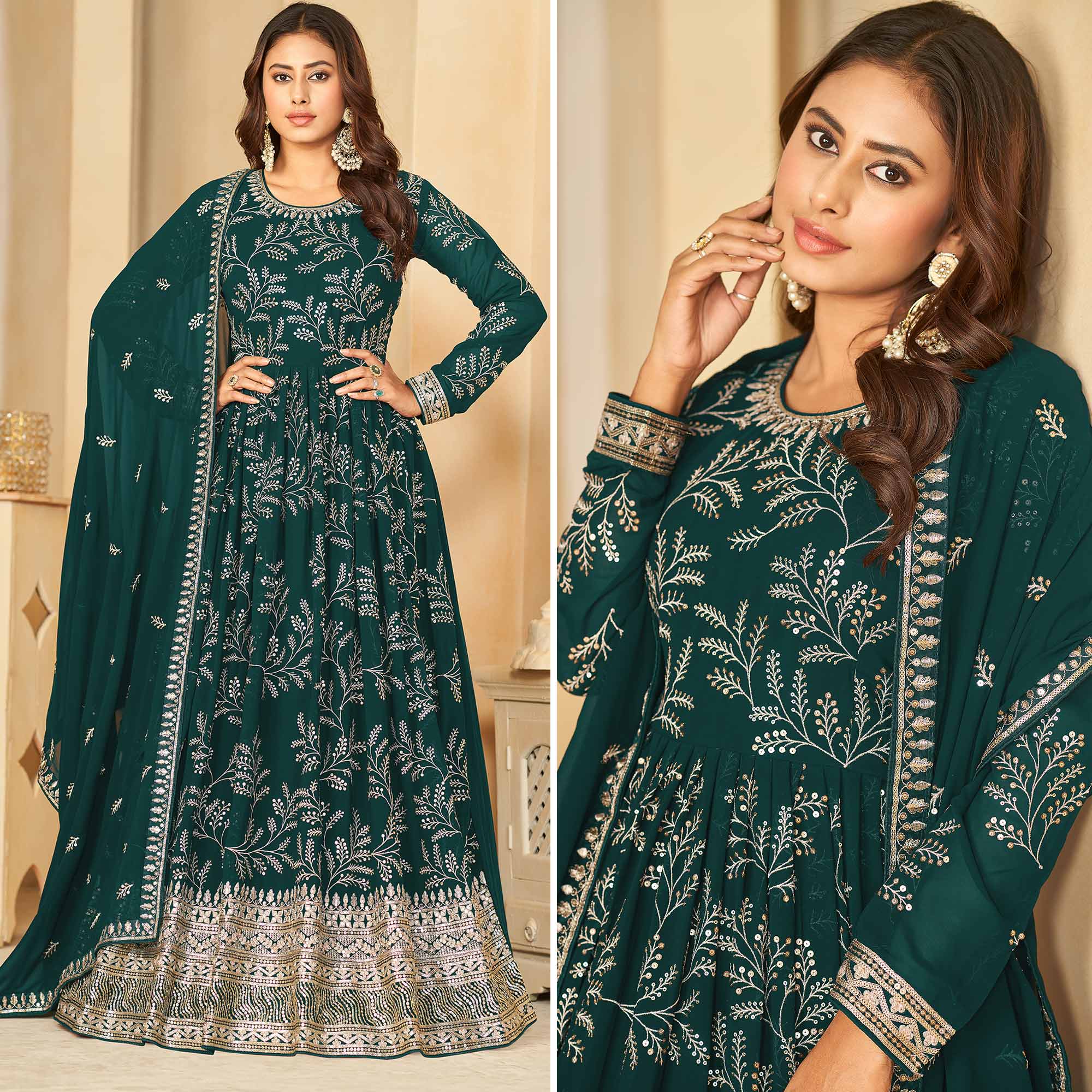 Green Sequins Embroidered Georgette Anarkali Style Semi Stitched Gown