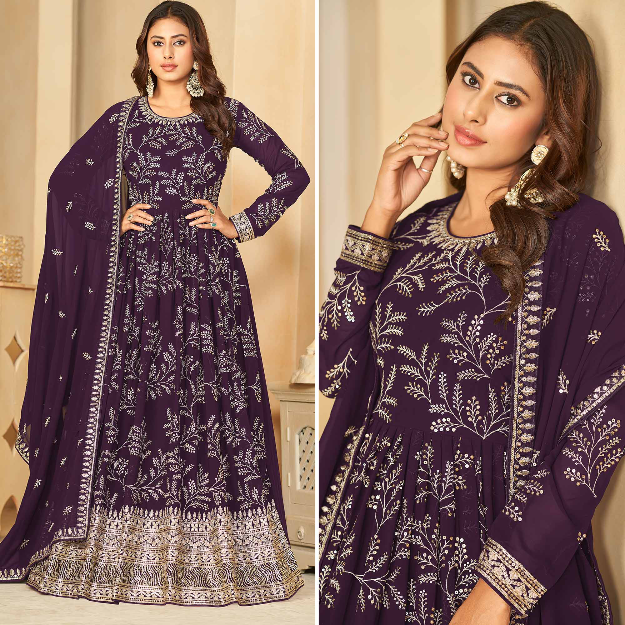 Purple Sequins Embroidered Georgette Anarkali Style Semi Stitched Gown