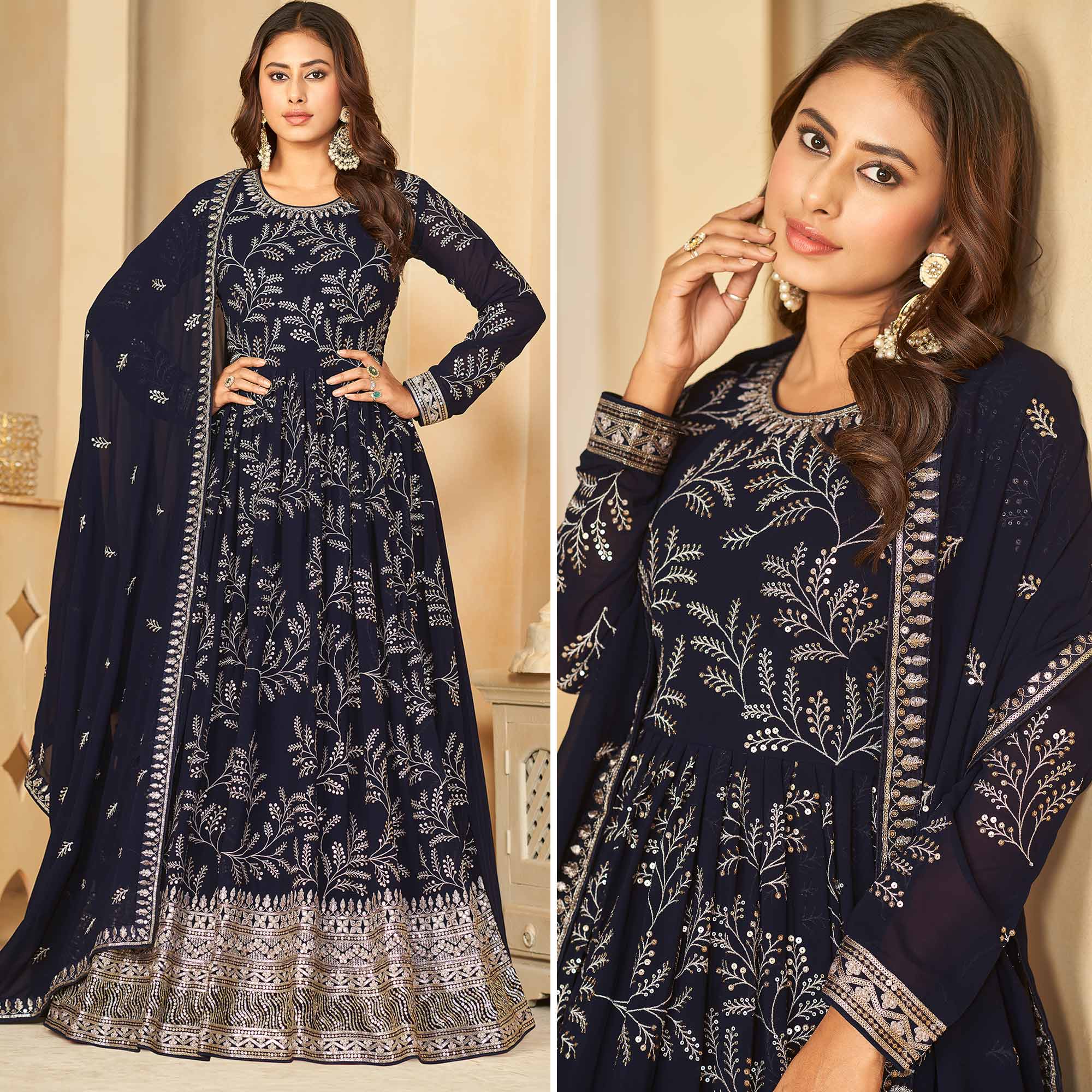 Blue Sequins Embroidered Georgette Anarkali Style Semi Stitched Gown