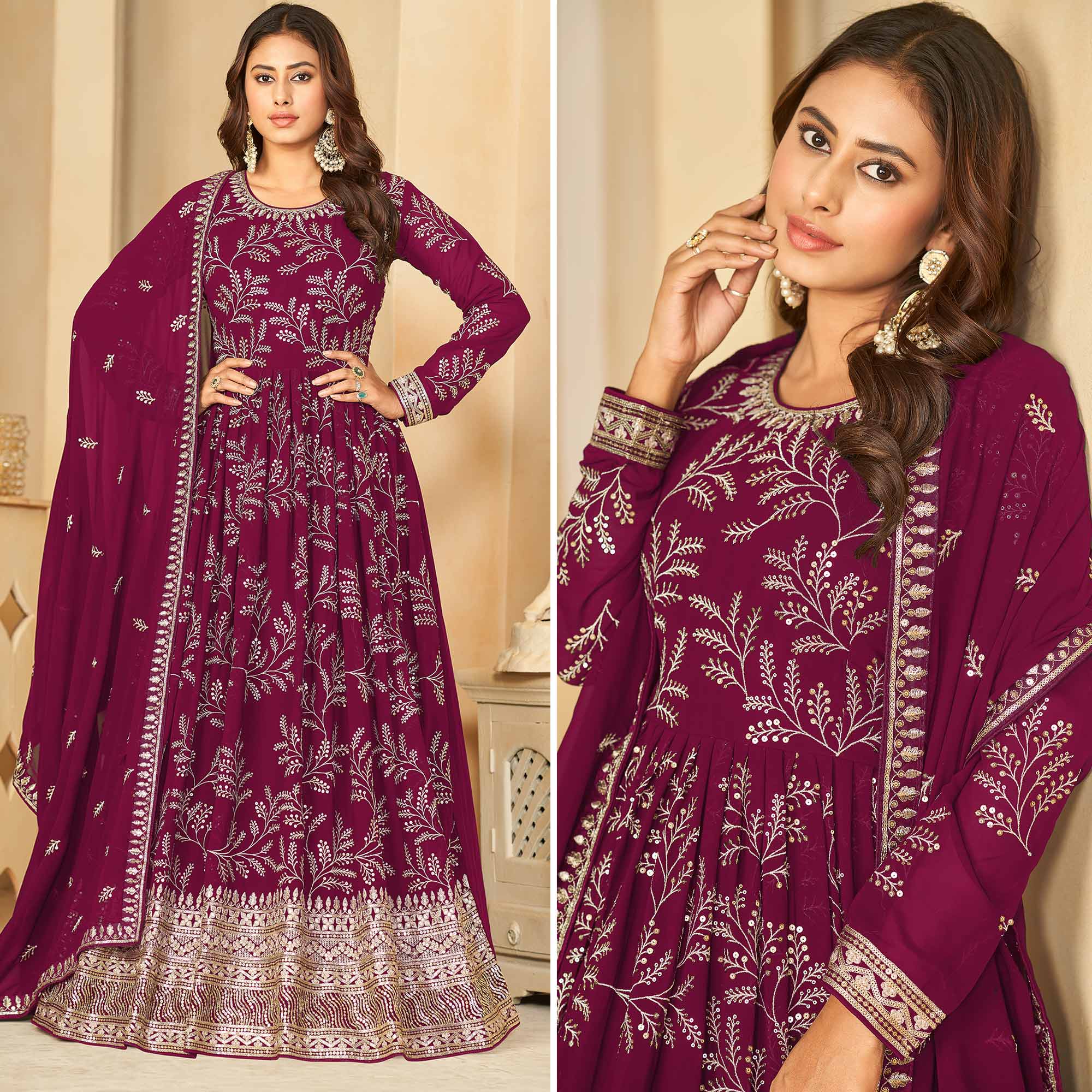 Dark Rani Pink Sequins Embroidered Georgette Anarkali Style Semi Stitched Gown