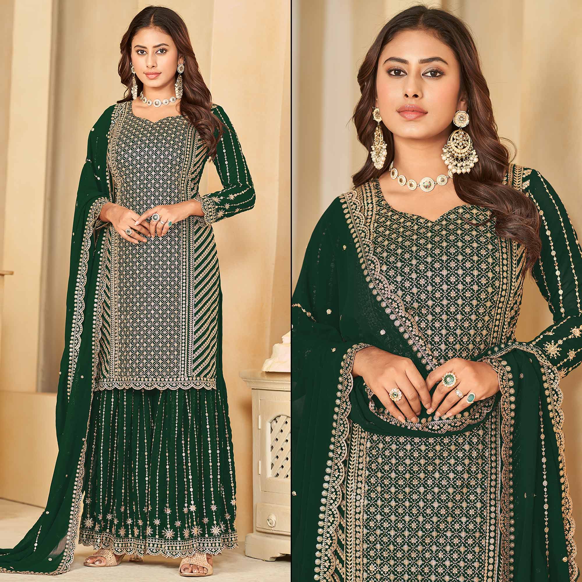 Green Sequins Embroidered Georgette Semi Stithed Sharara Suit