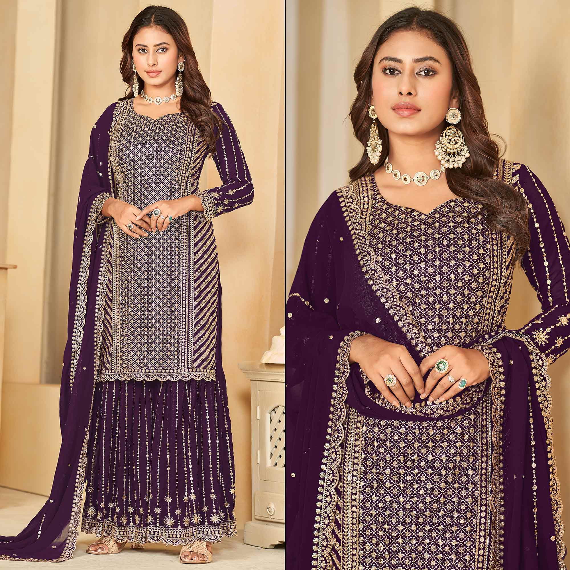 Purple Sequins Embroidered Georgette Semi Stithed Sharara Suit