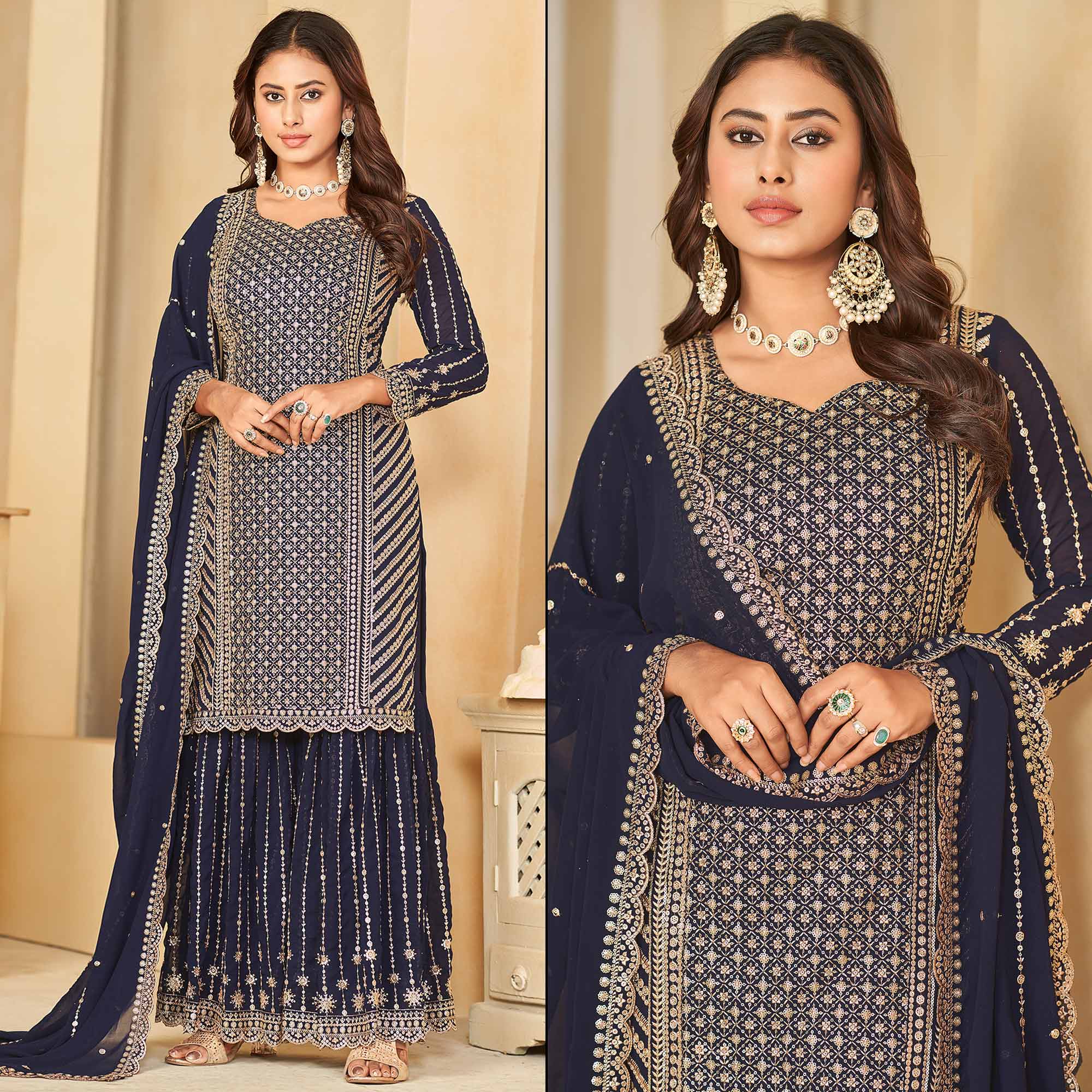 Blue Sequins Embroidered Georgette Semi Stithed Sharara Suit