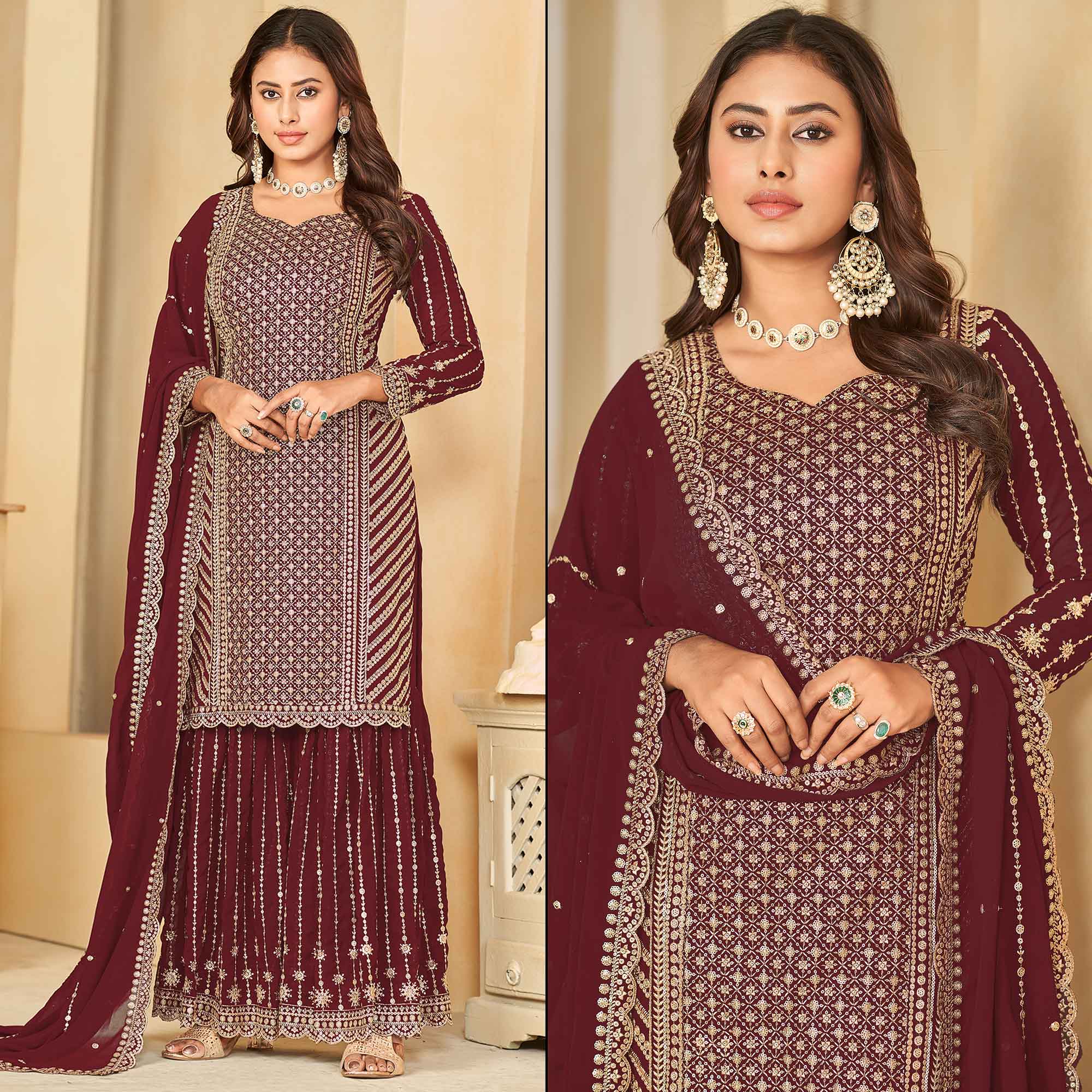 Maroon Sequins Embroidered Georgette Semi Stithed Sharara Suit
