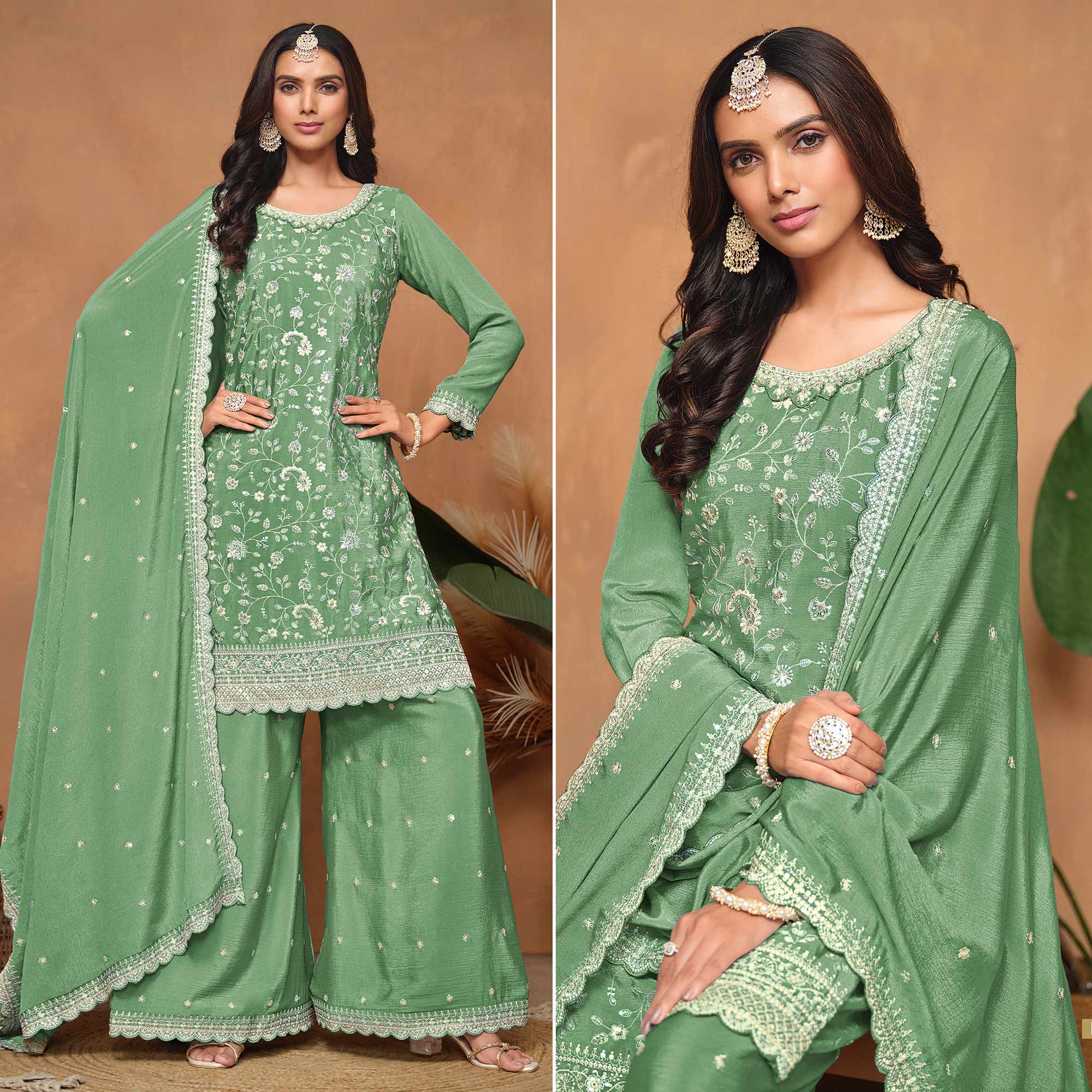 Green Floral Sequins Embroidered Chinon Semi Stitched Palazzo Suit