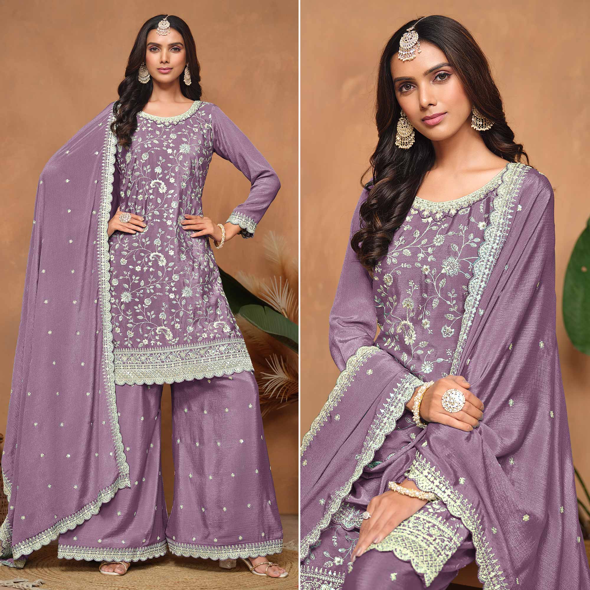 Purple Floral Sequins Embroidered Chinon Semi Stitched Palazzo Suit