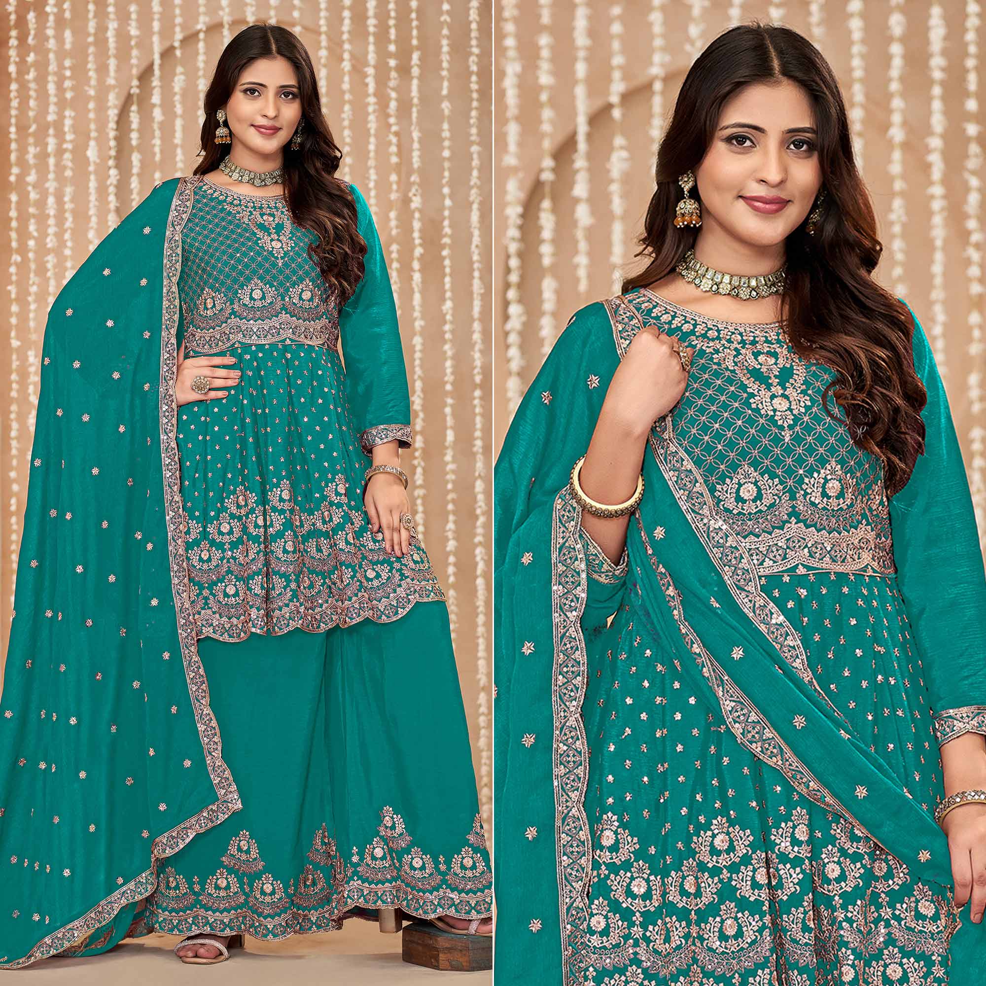 Rama Green Floral Sequins Embroidered Chinon Semi Stitched Sharara Suit