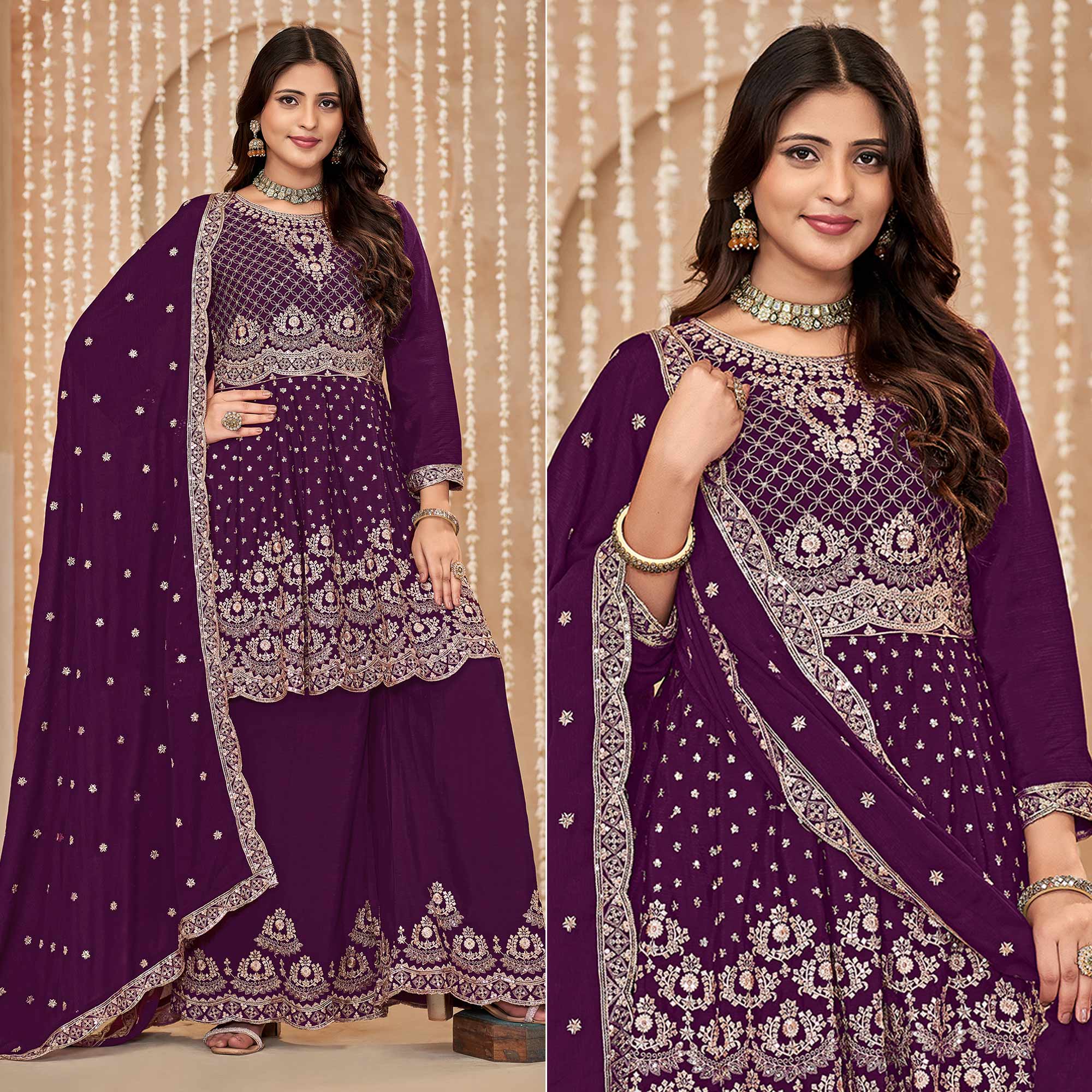 Purple Floral Sequins Embroidered Chinon Semi Stitched Sharara Suit