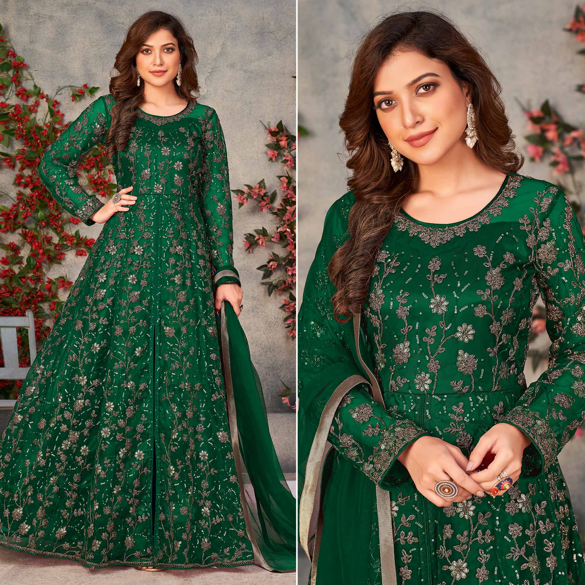 Green Embroidered Net Semi Stitched Anarkali Style Suit