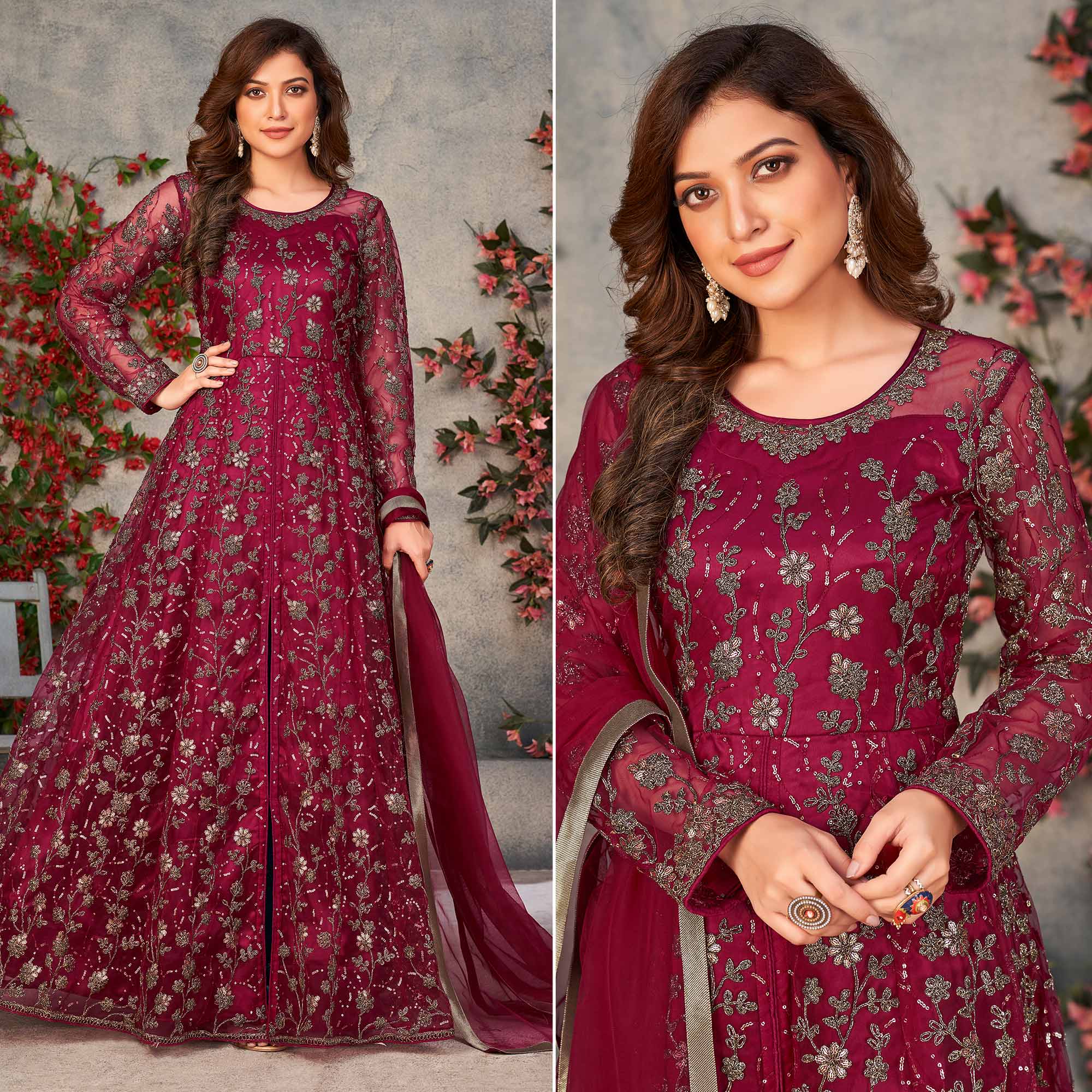 Pink Embroidered Net Semi Stitched Anarkali Style Suit