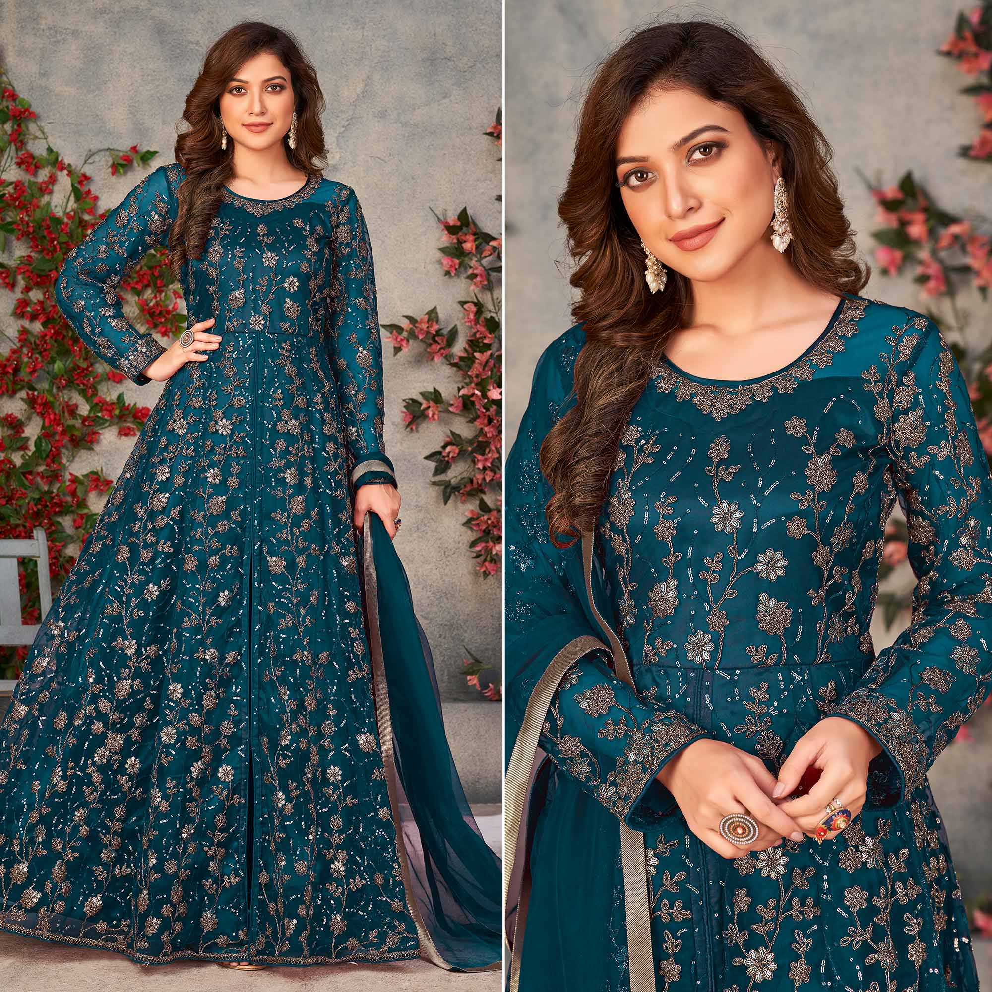 Morpich Embroidered Net Semi Stitched Anarkali Style Suit