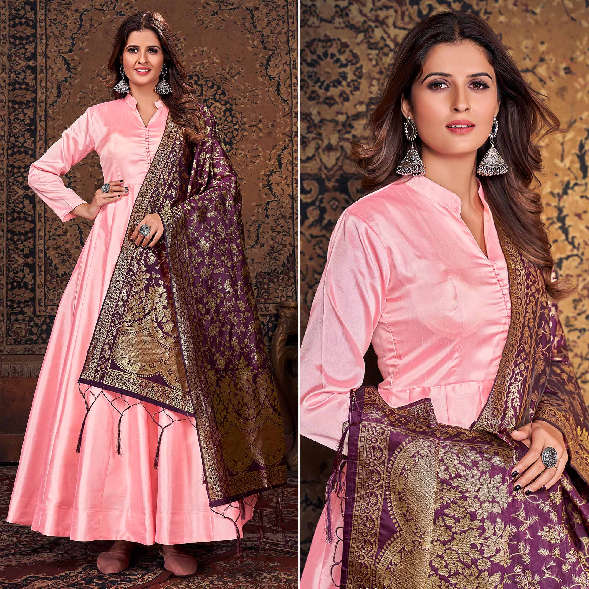 Pink Solid Art Silk Anarkali Suit